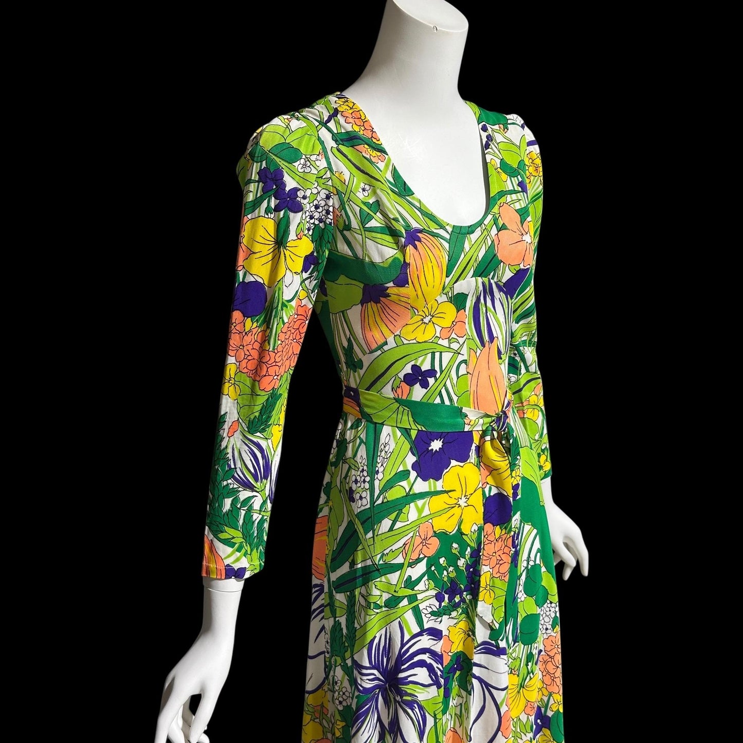 THE COMPANY, vintage 1970s maxi dress, slinky psychedelic floral print dress, long sleeve op art garden party day dress
