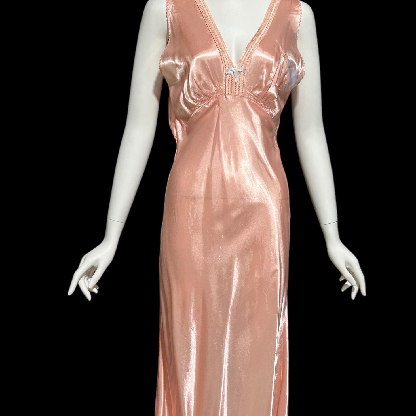 1940s vintage nightgown slip dress, Shiny dusty rose peachy pink bias cut slip dress, full length
