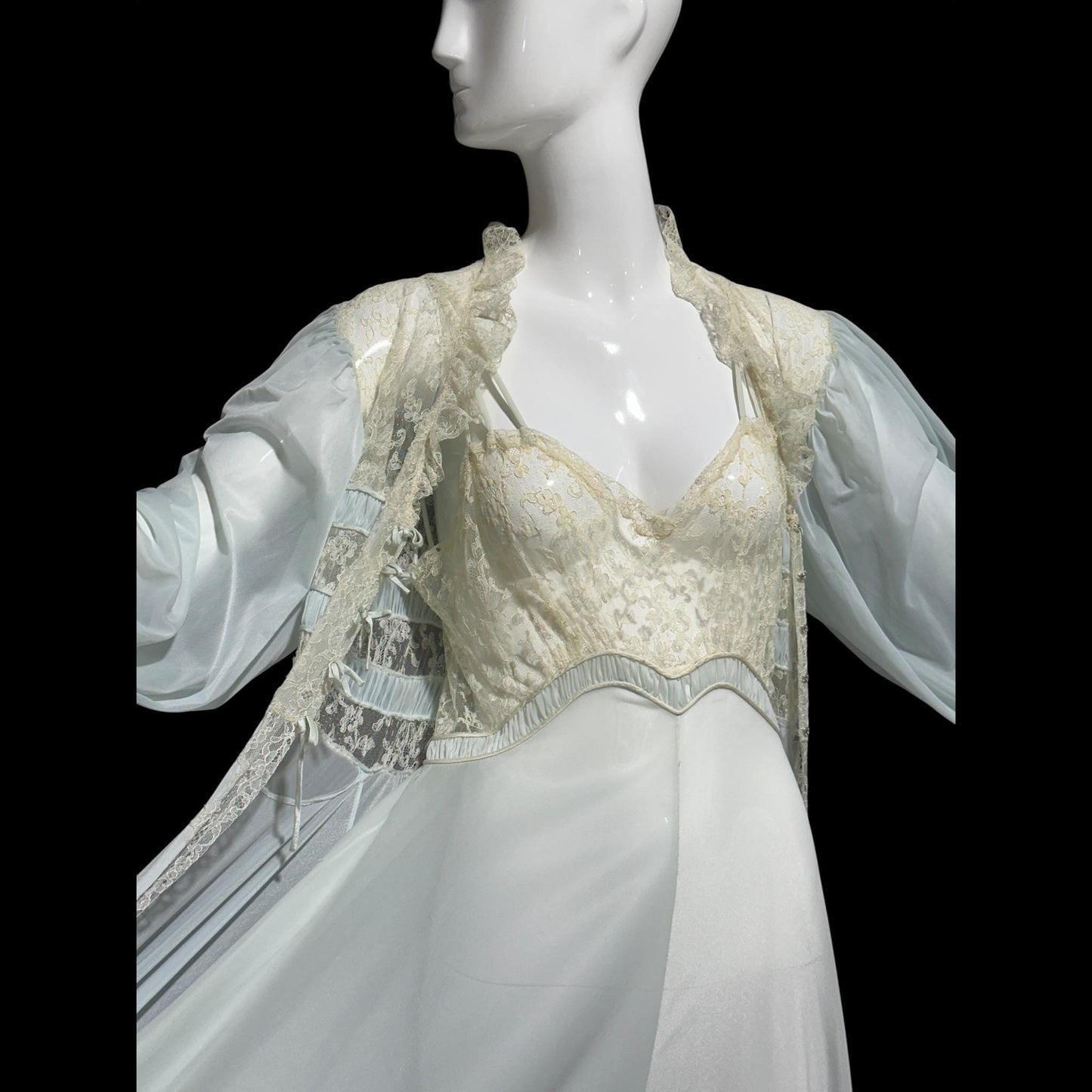 1930s Vintage nightgown robe set, sheer and ethereal blue nylon and white lace slip dress and peignoir set