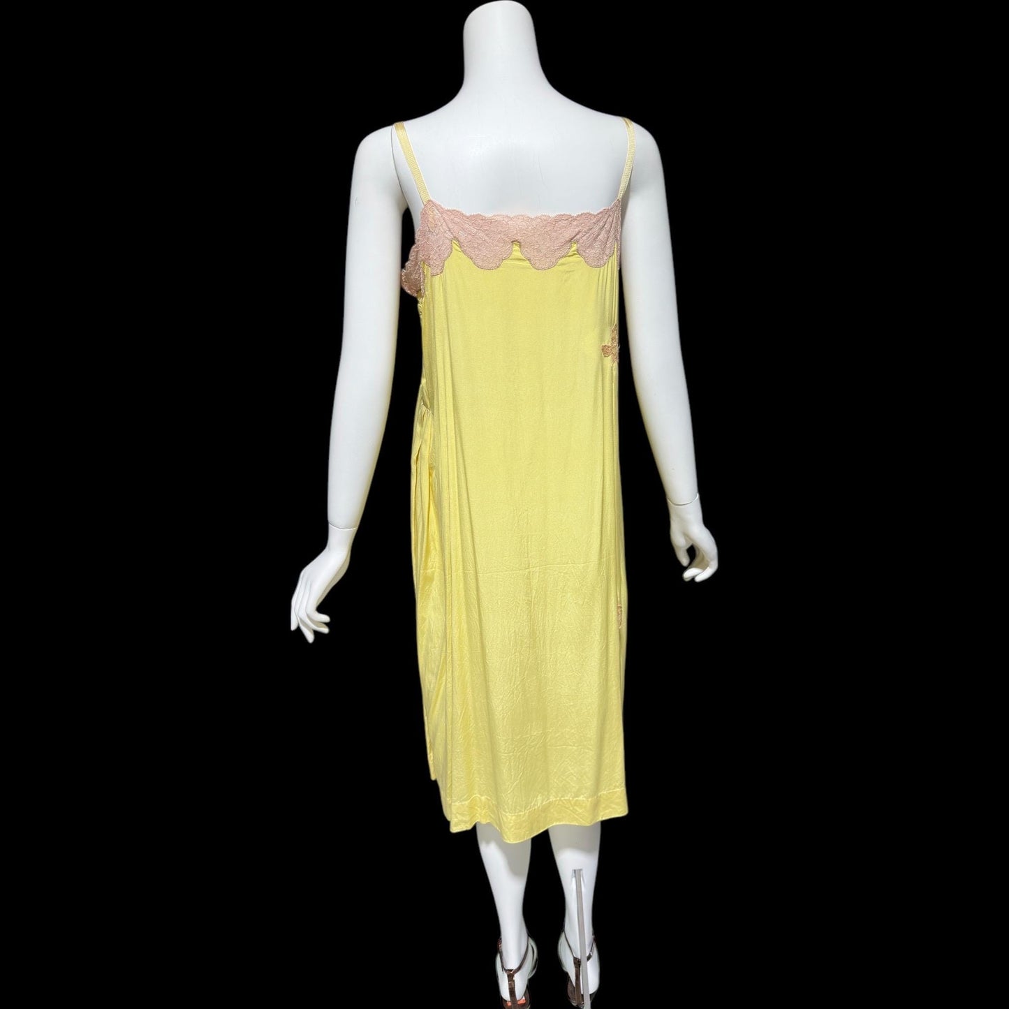 1920s vintage nightgown slip dress, canary yellow silk and pink lace shift dress