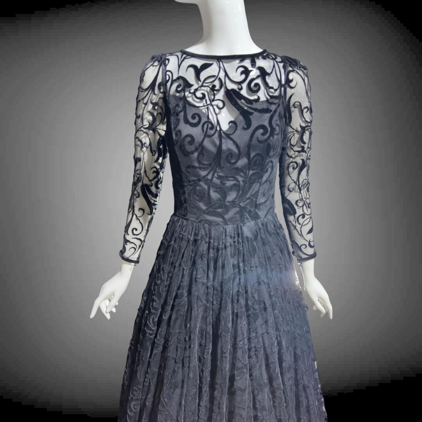 CAROLINE CHARLES, vintage 1980s evening dress ball gown, Made in England, Neiman Marcus Black formal dress