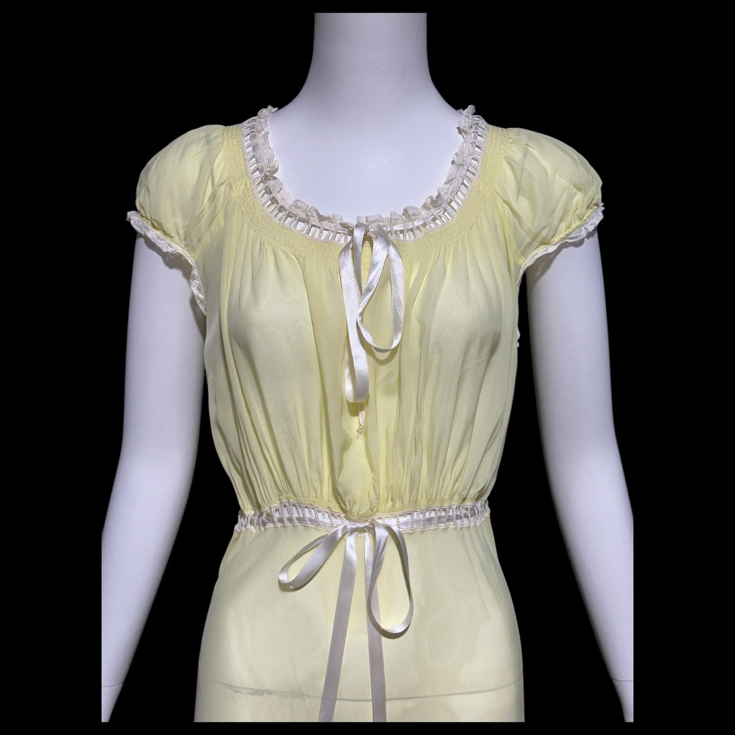 VELMA, vintage 1940s nightgown, butter yellow bias cut rayon slip dress, full length ruffle bottom, cap sleeves