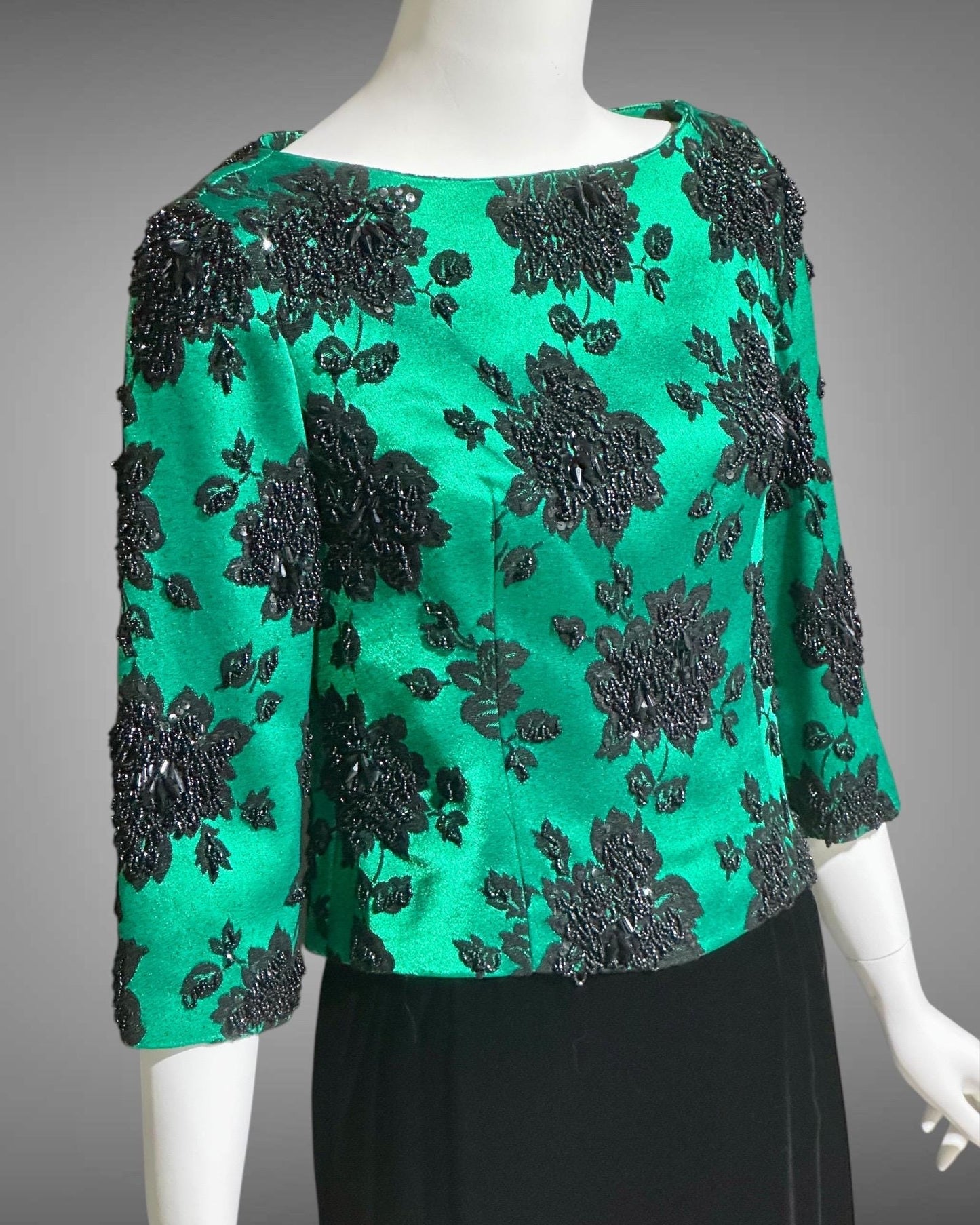 SAKS FIFTH AVE 1960s vintage evening dress, Beaded Black Velvet Green Satin 2 piece long dress
