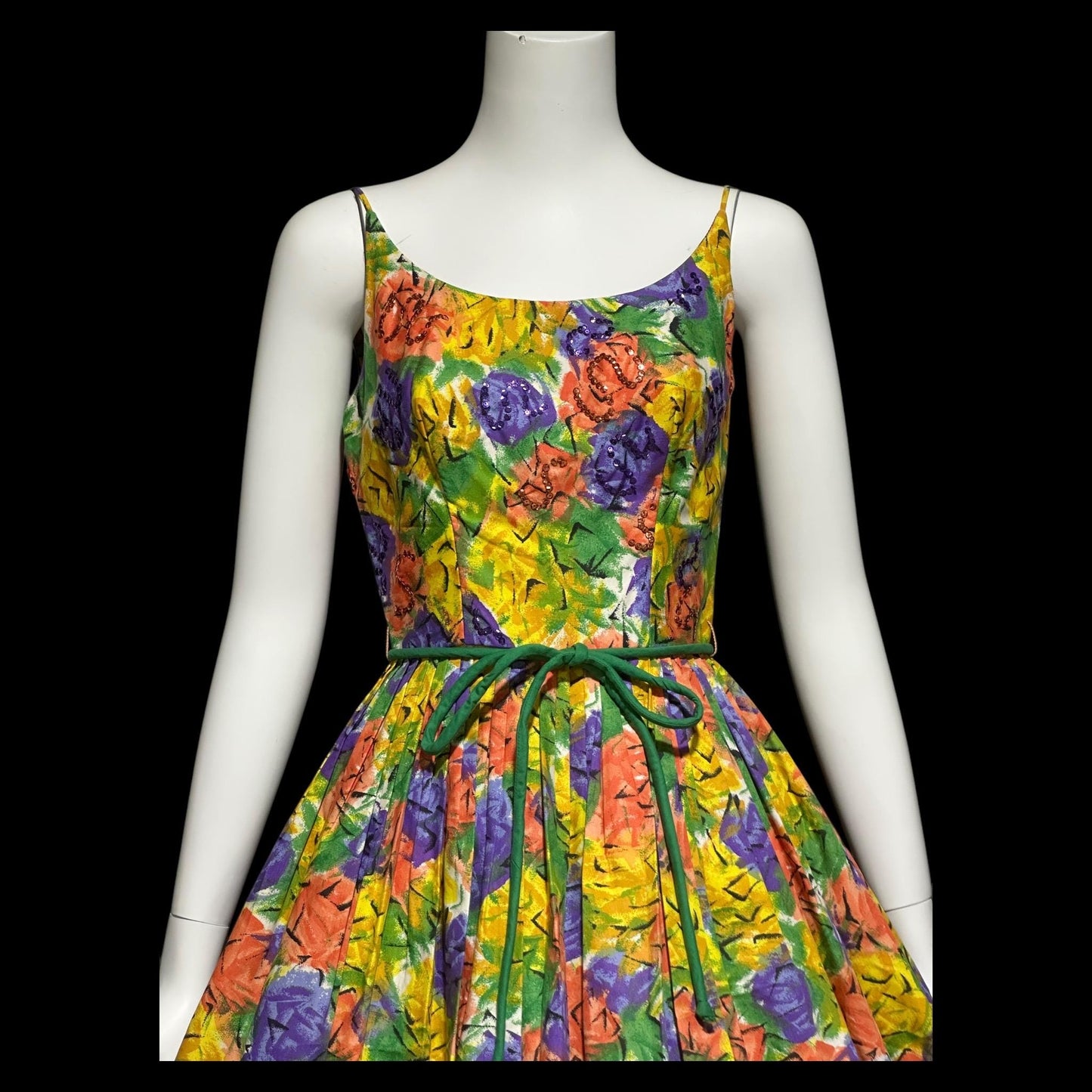1950s vintage Dress, Floral Cotton Pinup Sundress, Pleated full skirt with sequins