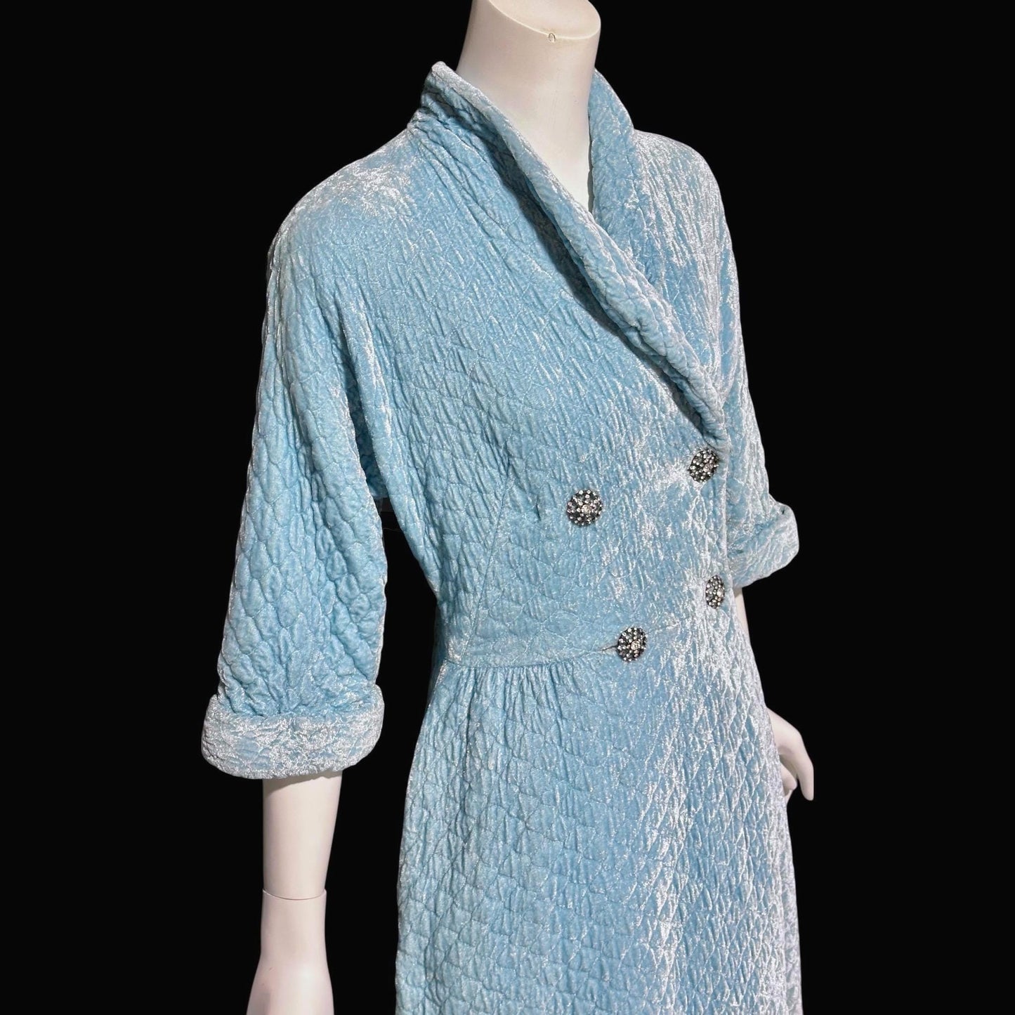 B COHEN ORIGINAL, vintage 1940s dressing gown robe, quilted robin's egg blue double breasted wrap front housecoat
