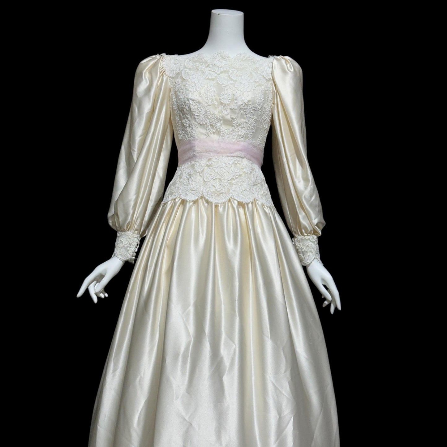 HOUSE of BIANCHI, vintage 1970s wedding dress, romantic boho white silk satin poet sleeve bridal gown