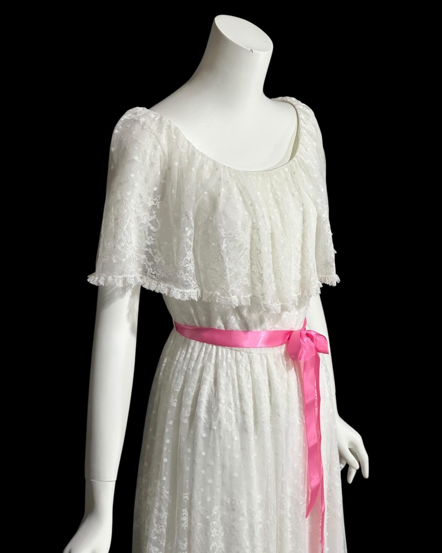 RICHILENE New York, vintage 1970s evening dress, white lace ruffle collar wedding gown