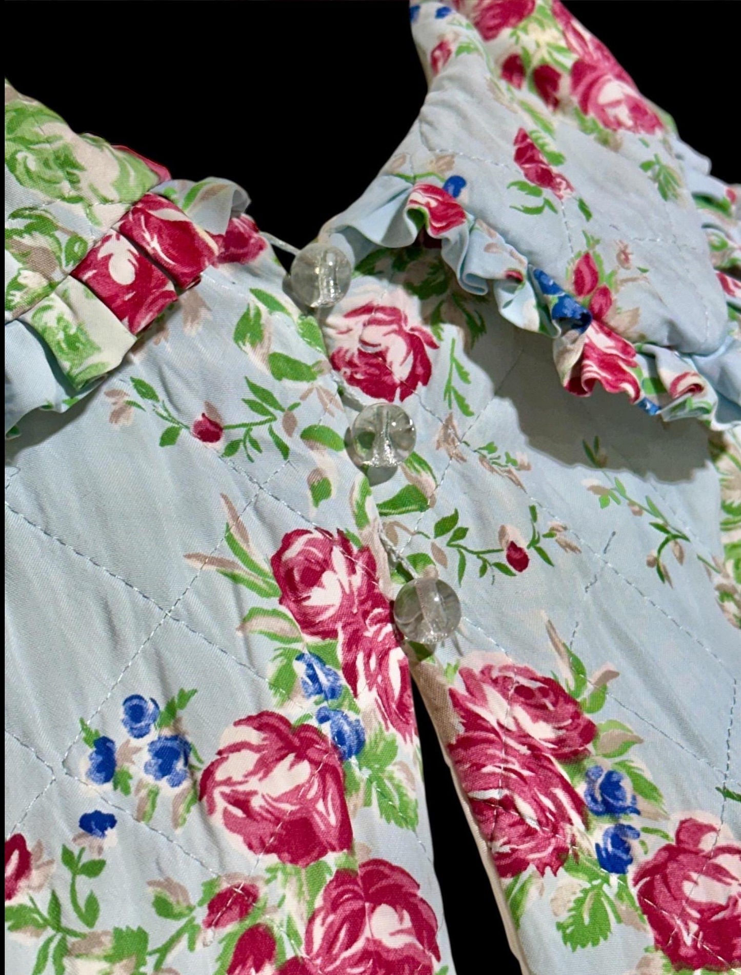 1930s vintage quilted bed jacket, blue satin with rose print short night robe