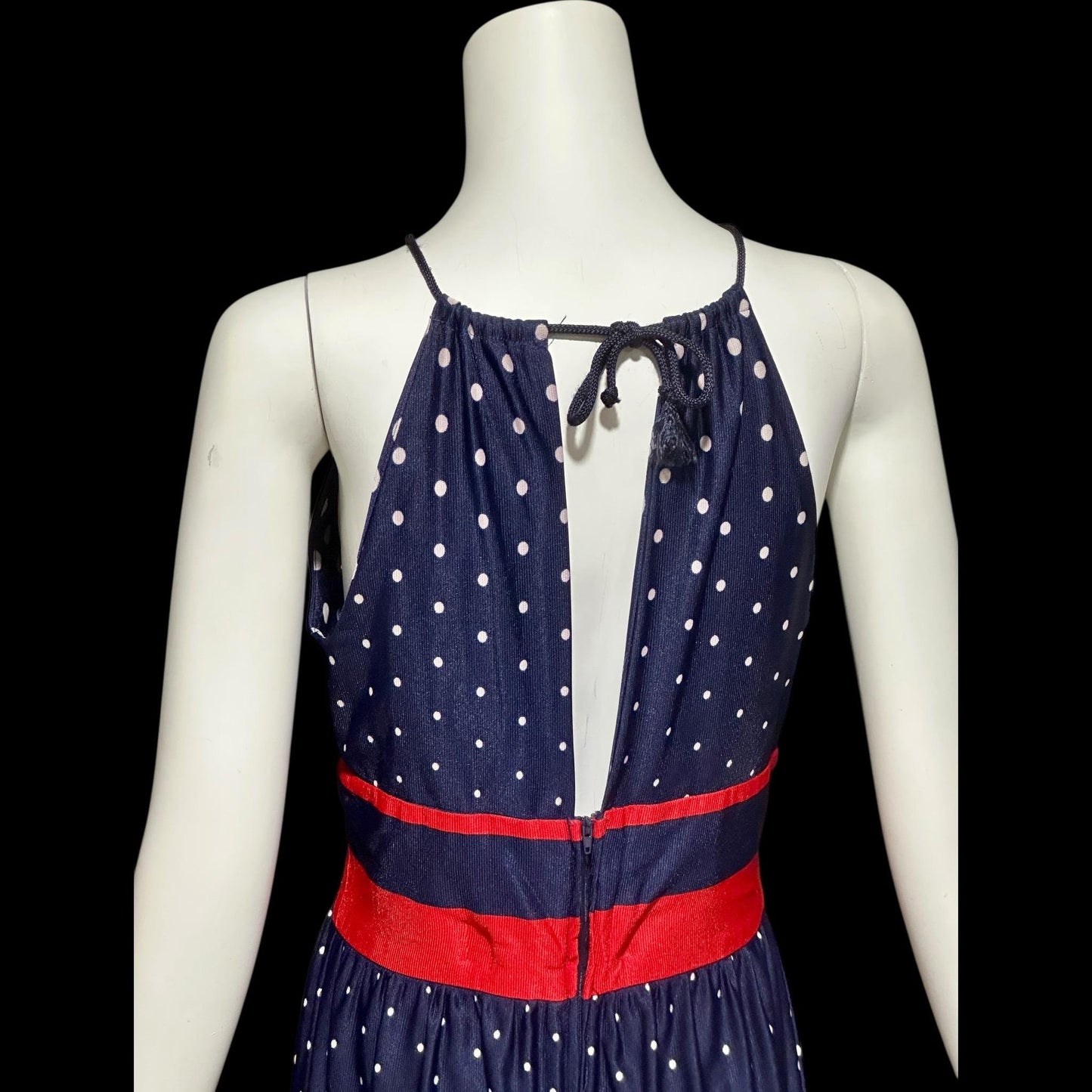 1970s vintage maxi dress, Navy blue and white polka dots, red stripes, halter casual summer party long 4th of July sundress