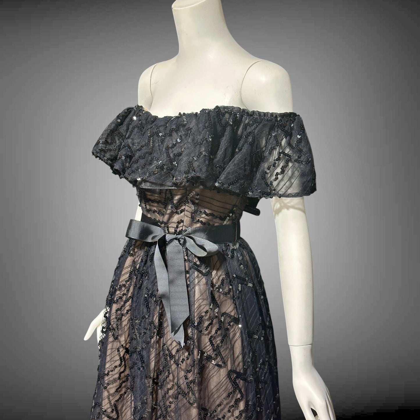 1970s vintage evening dress gown, black lace and sequin ruffled off the shoulder formal dress