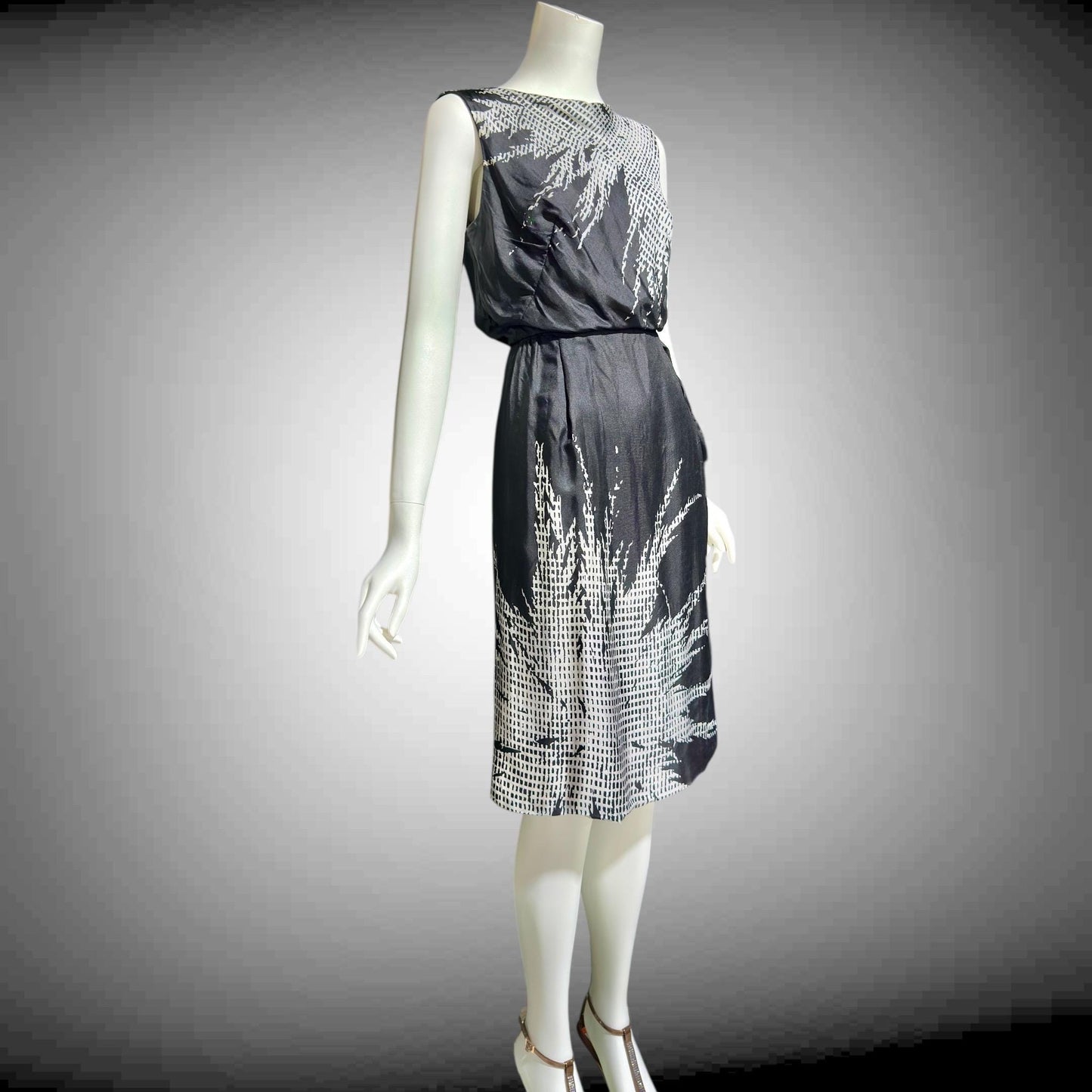 HELENA BARBIERI, vintage 1950s cocktail dress, Black and white silk wiggle dinner dress