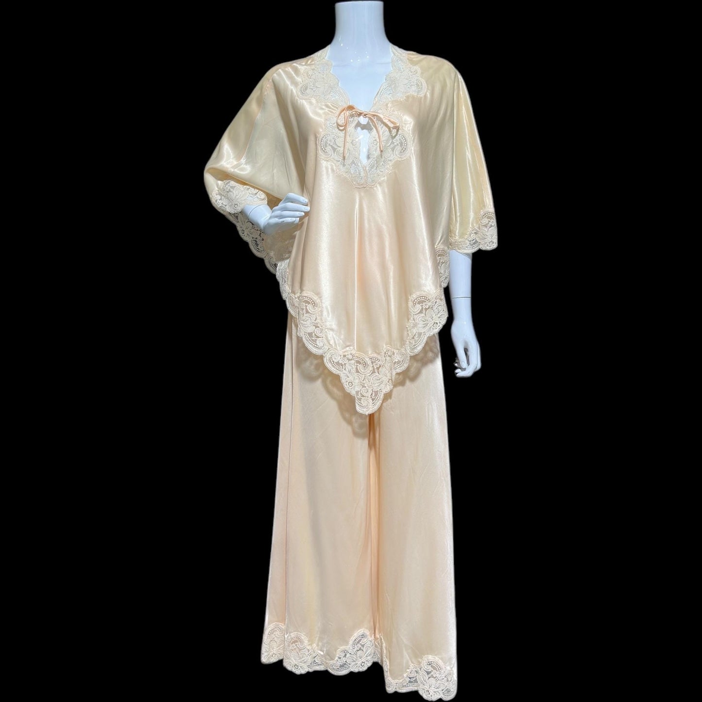 BLANCHE Ralph Montenero, vintage 1970s satin lounging cocktail party pajamas, Poncho Top and wide leg bottom PJ set