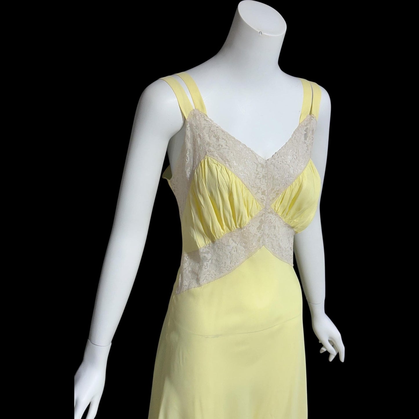 1930s vintage Nightgown slip dress, Sunshine Yellow bias cut lacy night dress, full length