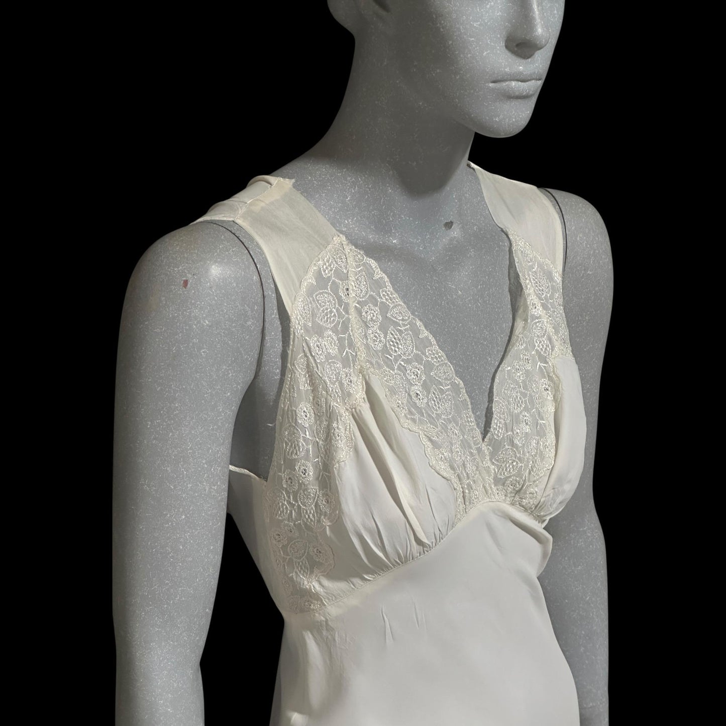 1930s vintage Nightgown slip dress, White rayon and lace bias cut night dress, full length with side snaps