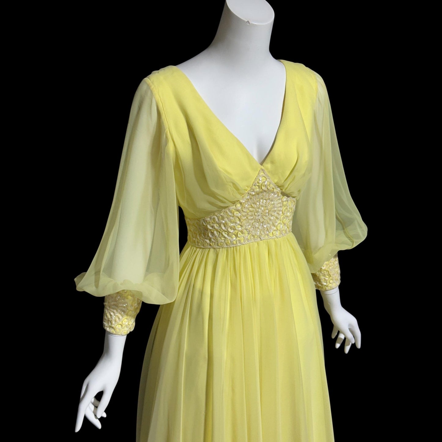 MIKE BENET, vintage 1970s evening dress, Lemon Yellow chiffon sequin formal ball gown