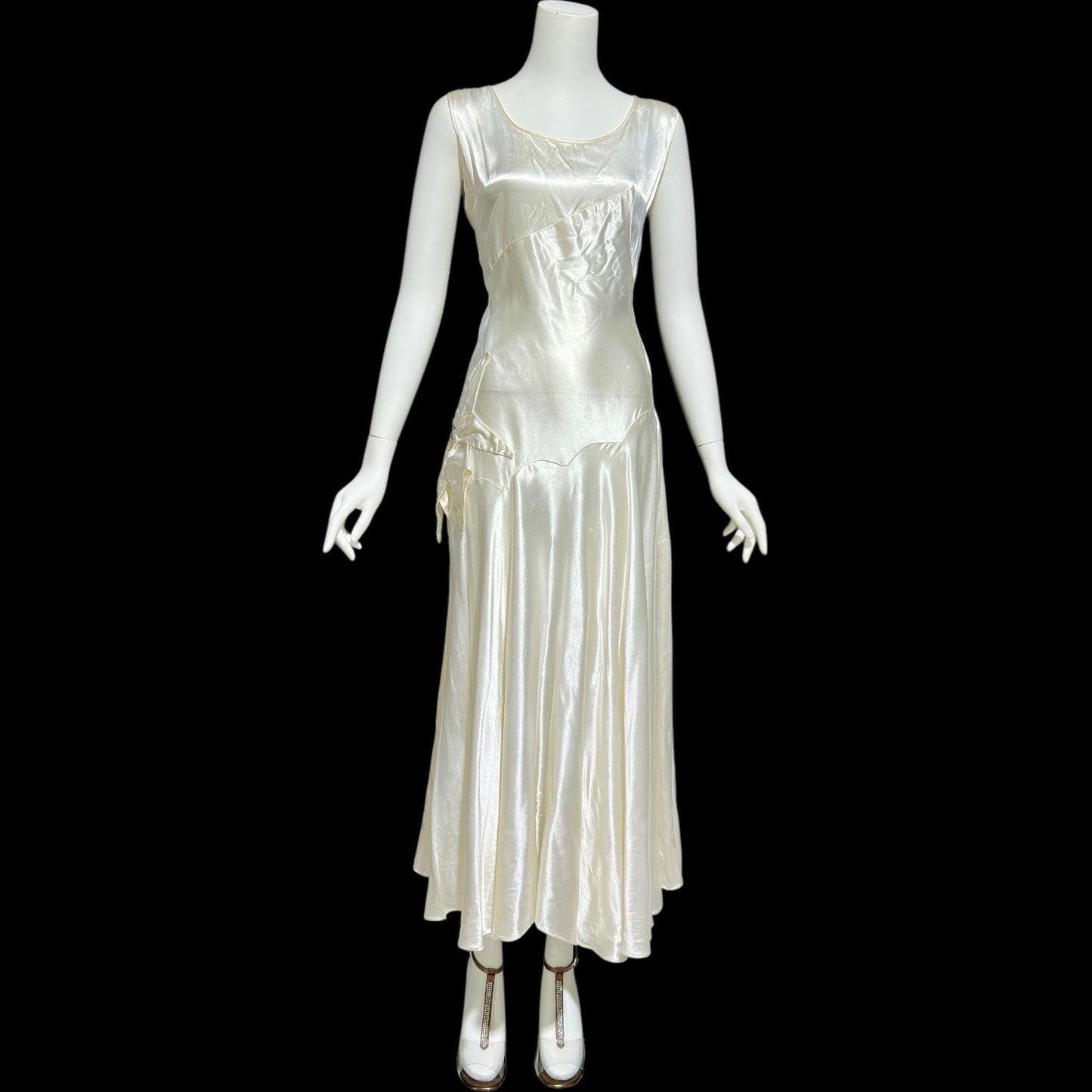 1940s vintage wedding dress, shimmering white satin tea length bridal ball gown