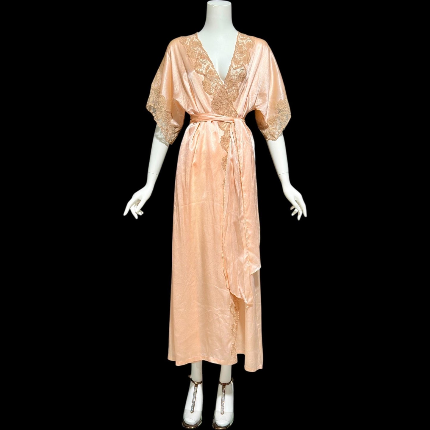 1930s vintage dressing gown robe, Shimmering Peach silk with amazing lace, wrap front house coat