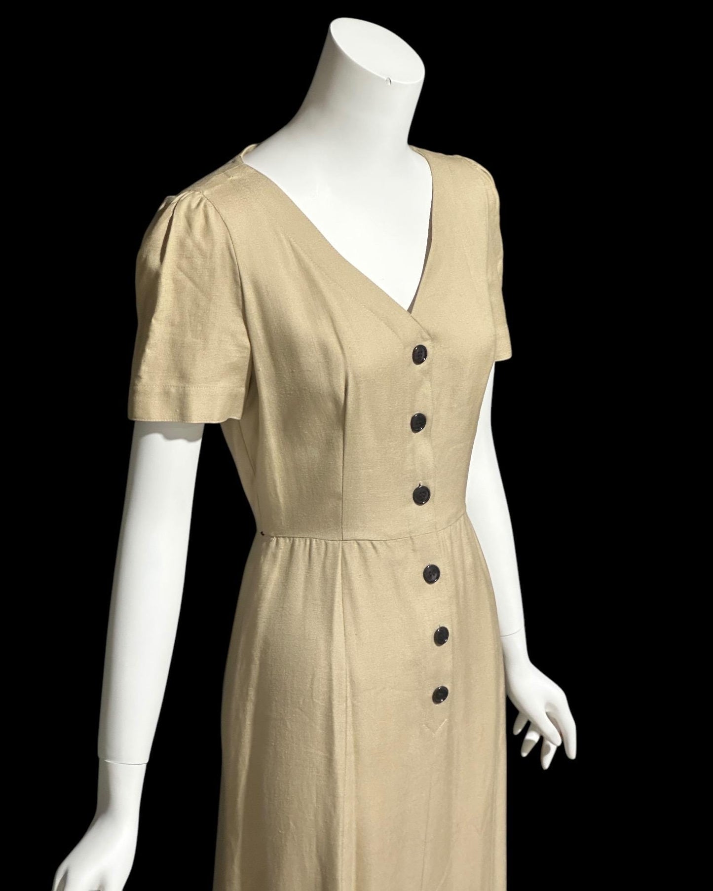 ADELE SIMPSON, vintage 1980s day dress, 80s does 40s latte tan linen dress, button front wear to work luncheon dress