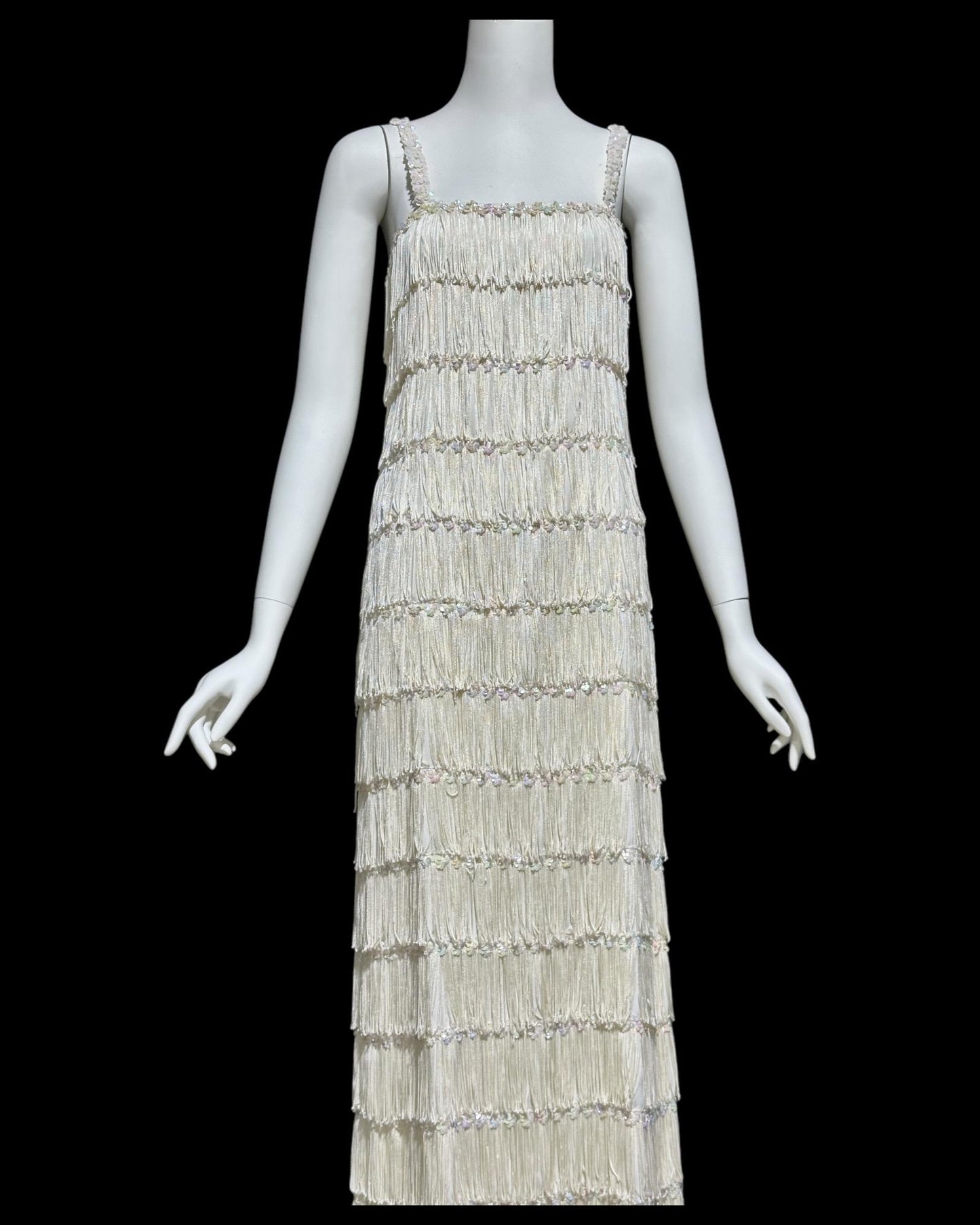1960s vintage white fringed evening dress gown, column dress with sequins