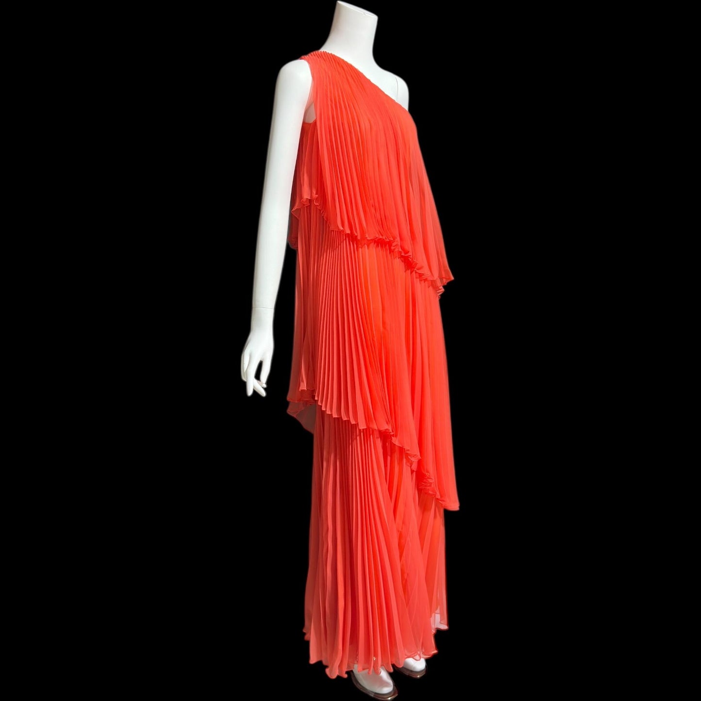 ESTEVEZ Vintage 1970s evening dress gown, Orange One Shoulder Pleated Chiffon full length gown