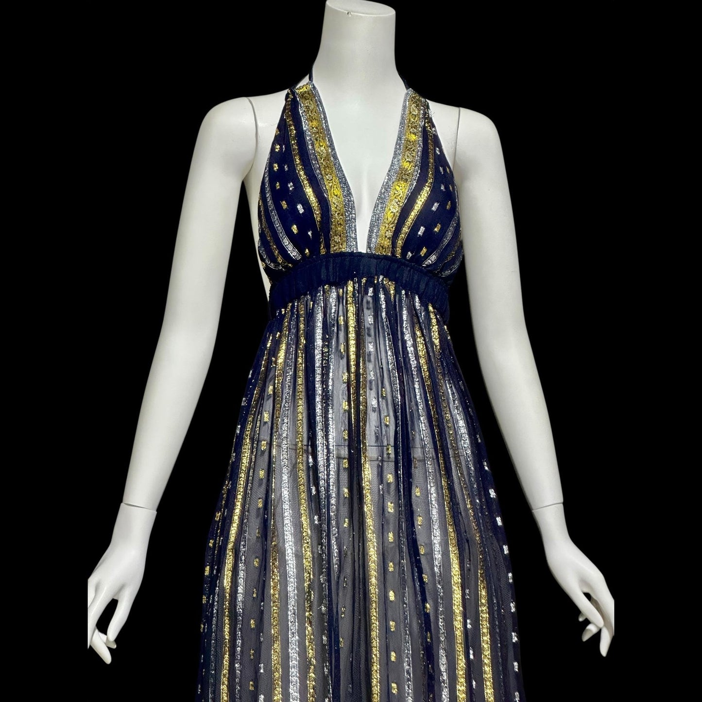 1970s Vintage Disco Diva evening party dress, sheer nylon and metallic halter gown, studio 54 disco
