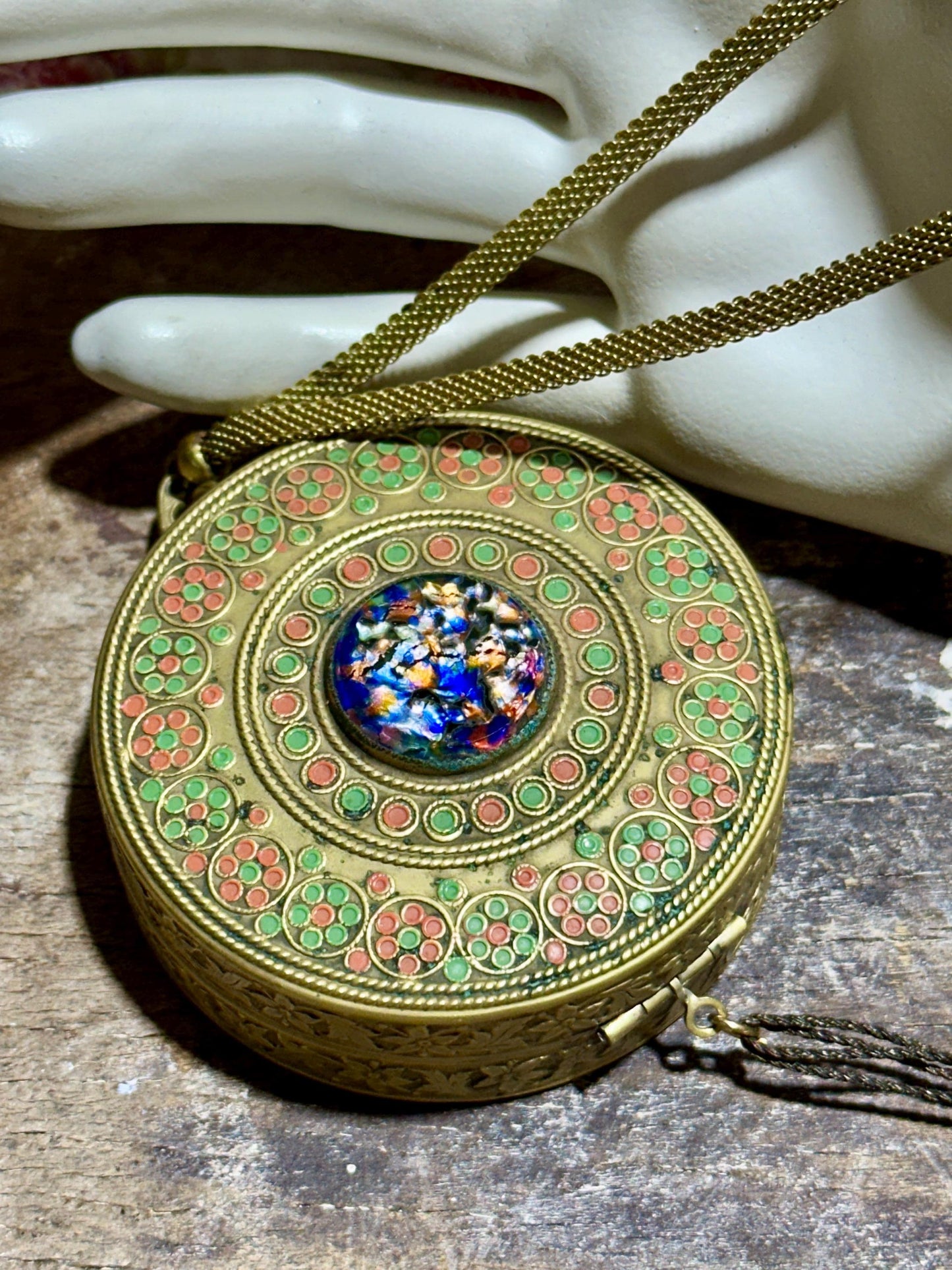 1920s vintage Antique chatelaine compact, flapper enamel mirrored wrist dance compact, double powder, blush rouge