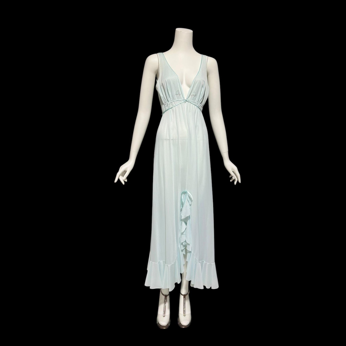 LUCIE ANN BEVERLY Hills, Claire Sandra vintage 1960s nightgown, powder blue jersey knit ruffled hem gown