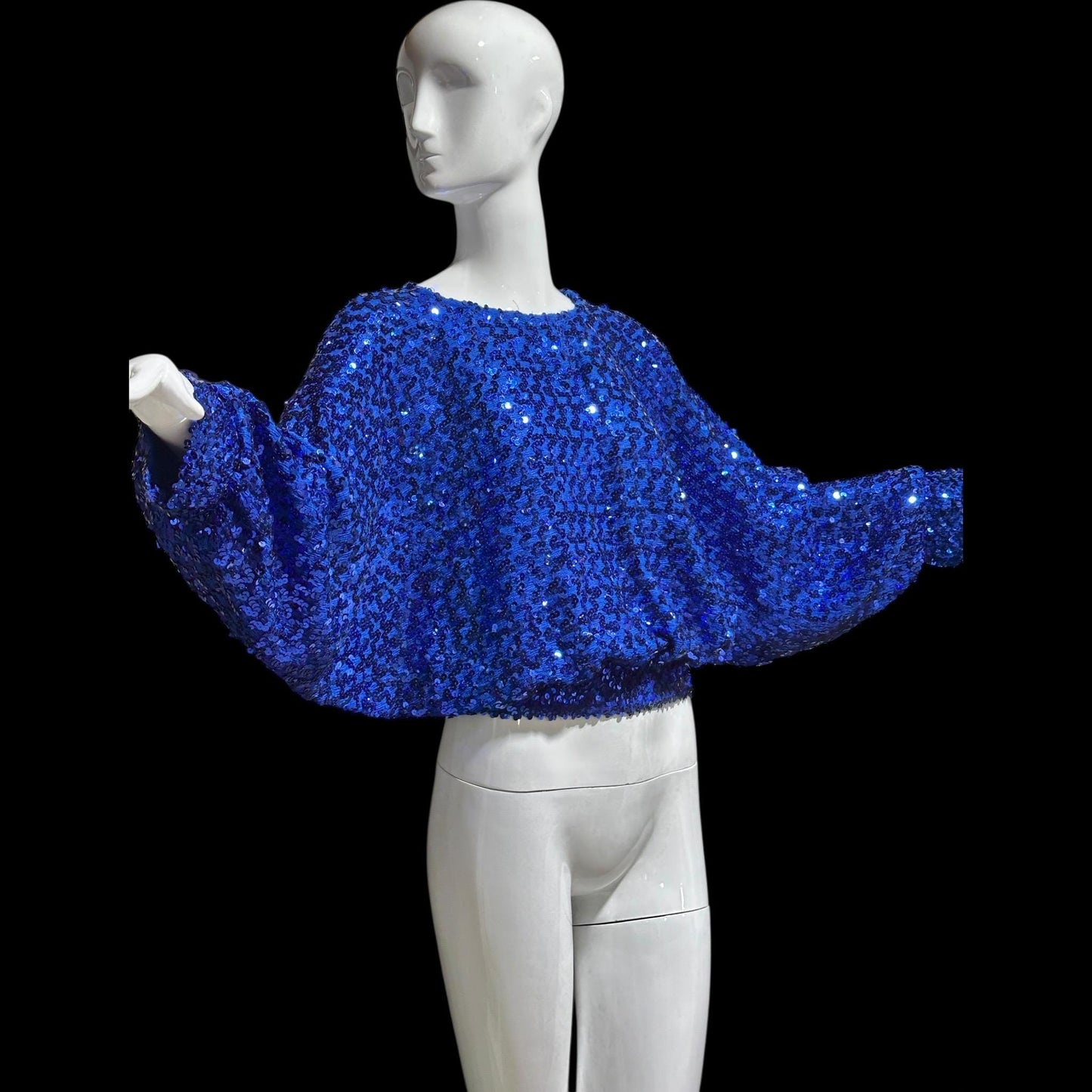 MISTER JAY vintage 1970s sequin disco sweater, Royal blue knit batwing evening cropped top, stretchy