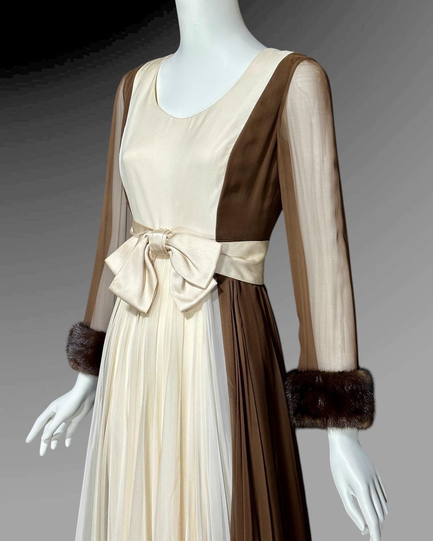 JEAN-LOUIS for I. Magnin, vintage 1950s evening gown, Brown Cream Chiffon cocktail party evening dress