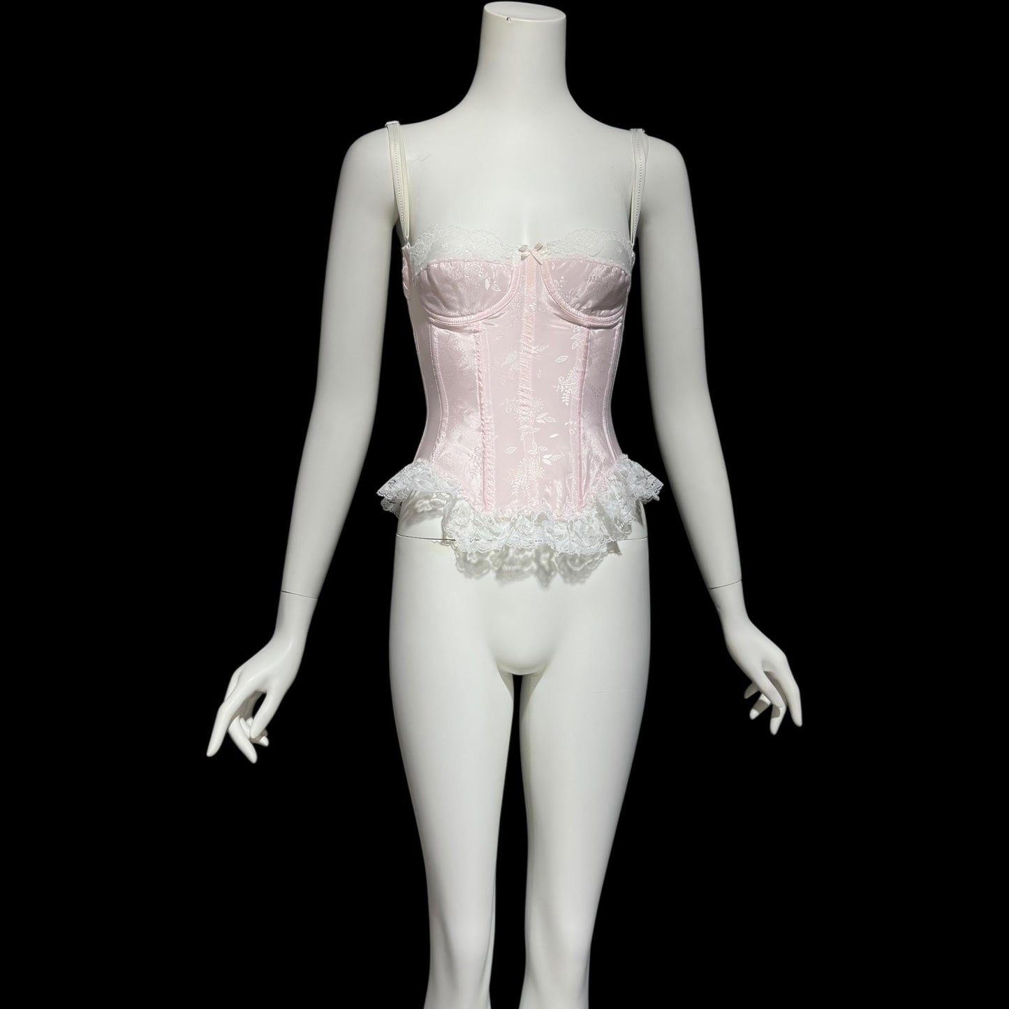 SABRINA, Vintage 1970s pink satin bustier, pink embossed satin with white lace