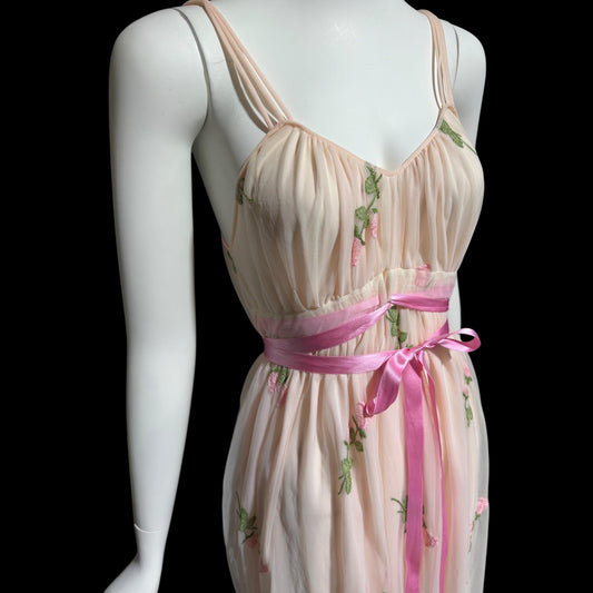 1950s Vintage nightgown slip dress, pink embroidered scattered rosebuds