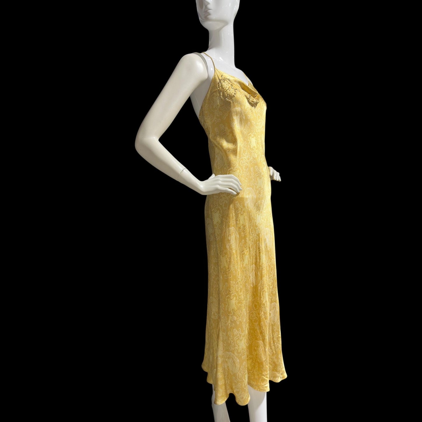 JOSIE NATORI, vintage Y2K nightgown slip dress, gold asian motif silk bias cut sequin sheath