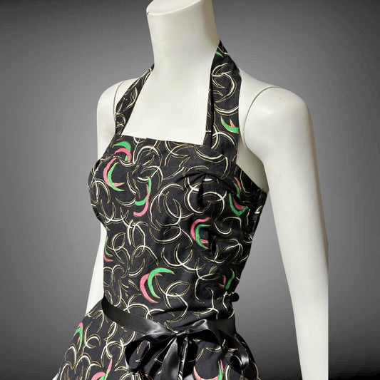 1950s vintage day dress, Shelf bust Halter Sundress, Black and pink cotton pinup dress