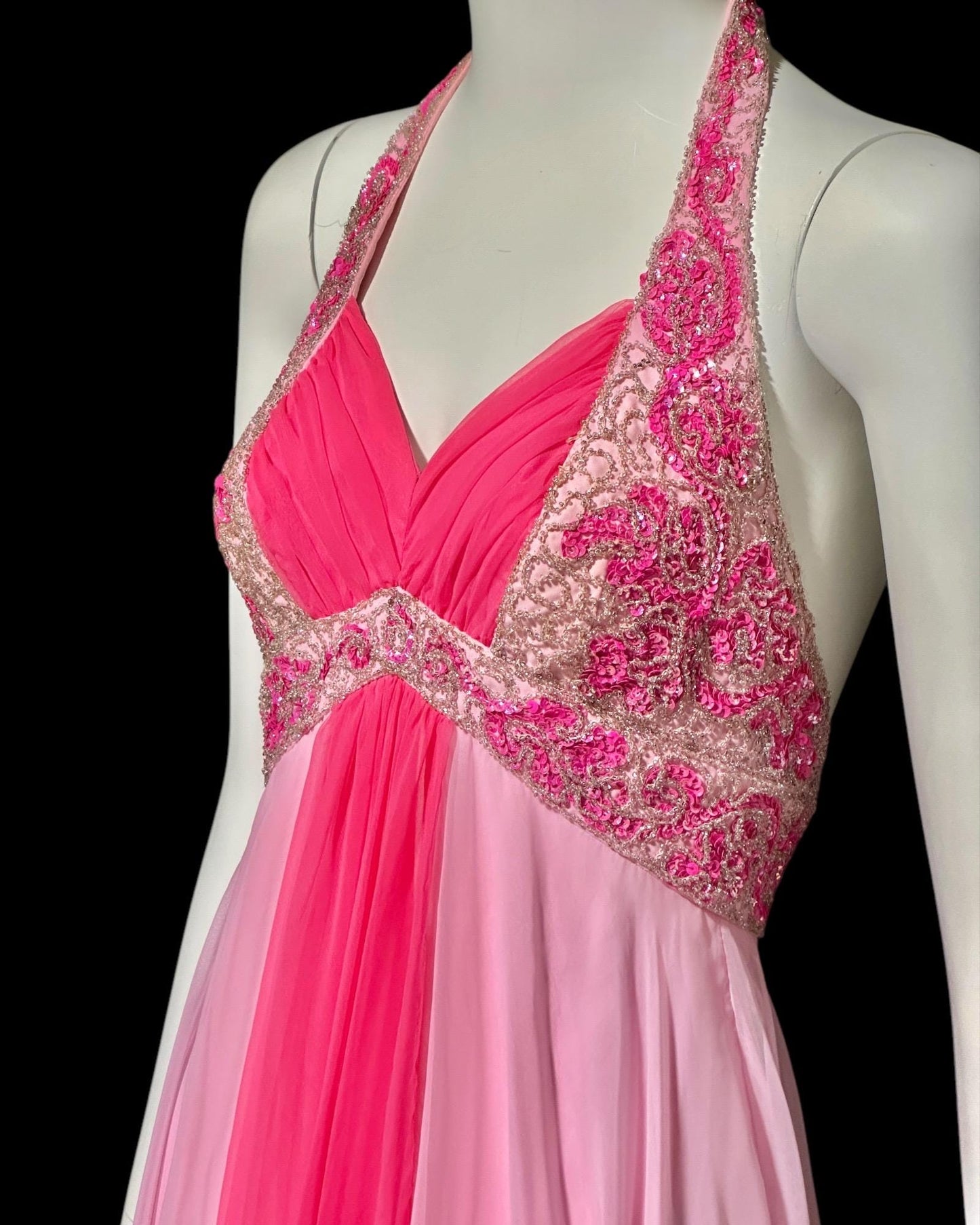 MIKE BENET evening prom dress, 1960s vintage pink chiffon beaded halter evening ball gown