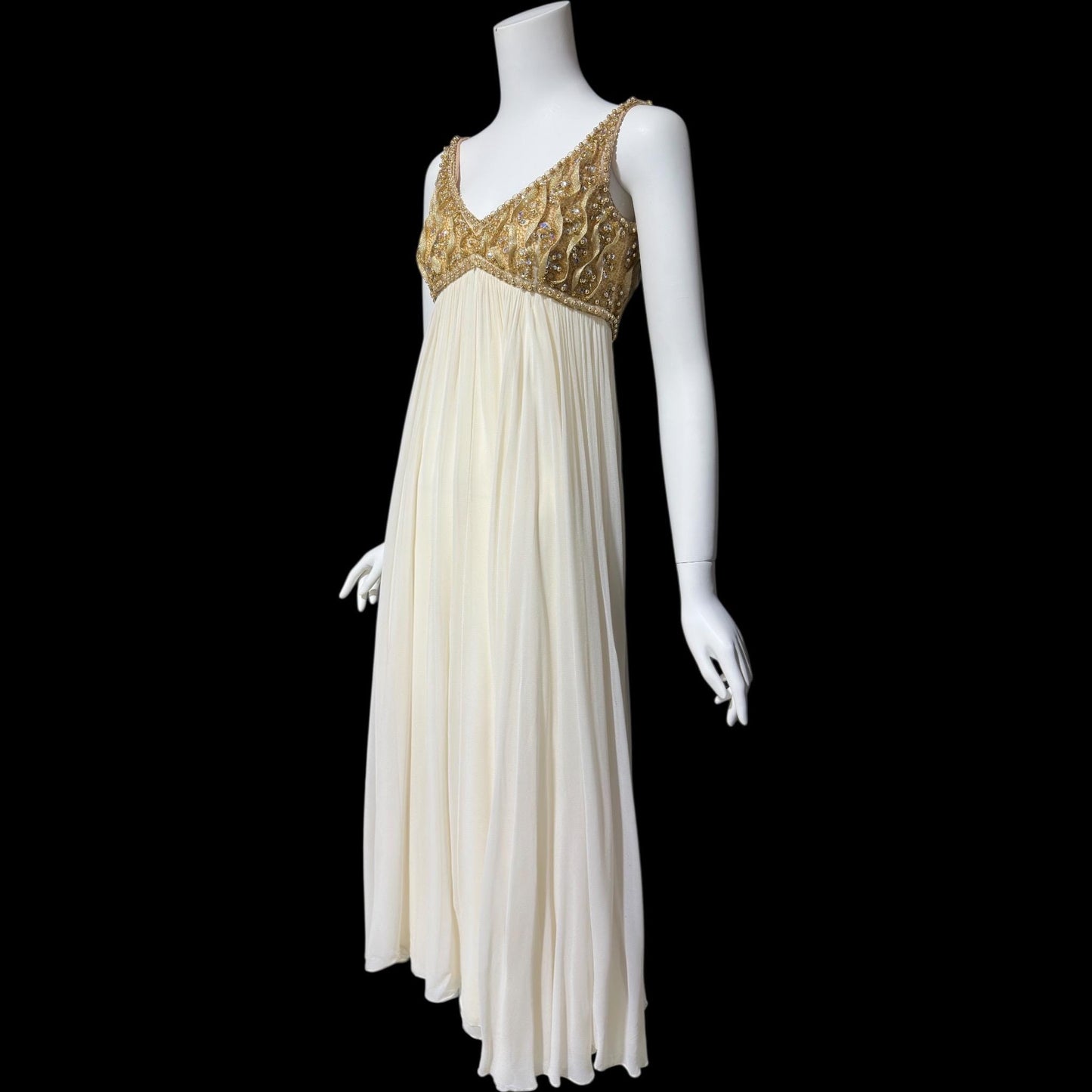 TOWN & COUNTRY vintage 1960s evening dress, white chiffon gold beads sequins wedding bridal gown