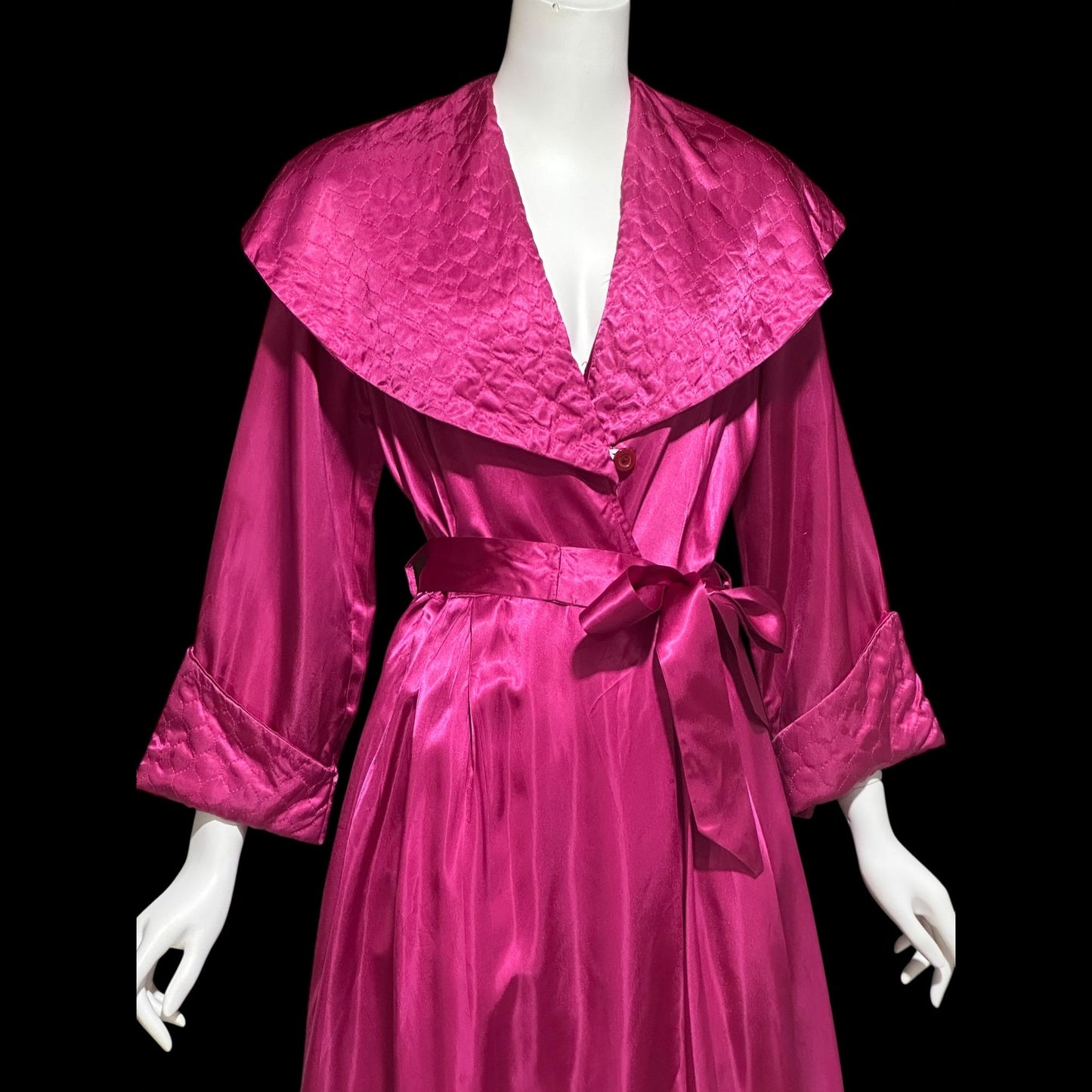GLORIA NEW YORK, vintage 1940s dressing gown robe, Magenta slipper satin huge collar wrap front housecoat