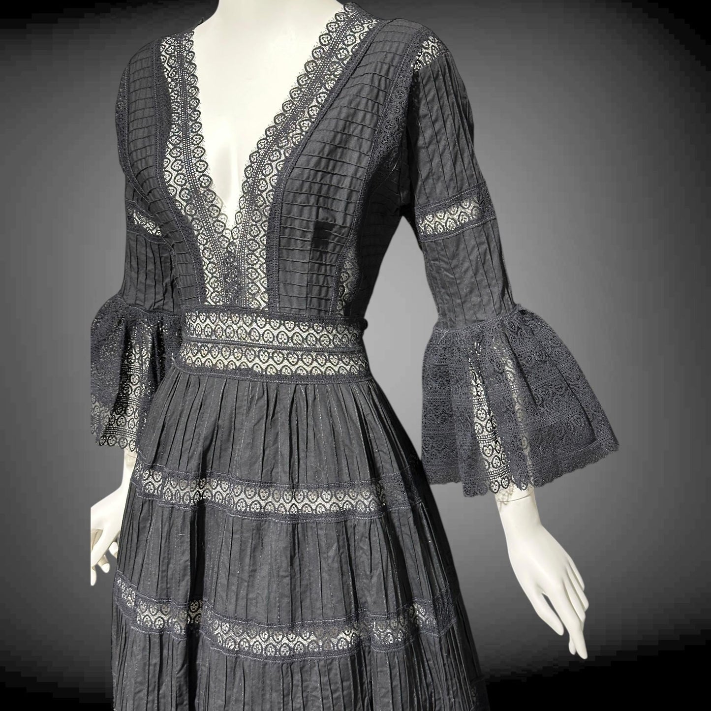 1970s vintage Mexican Wedding dress, Black cotton blend Deep V ball gown, long bell Sleeves, Maxi Hippie Bohemian gown