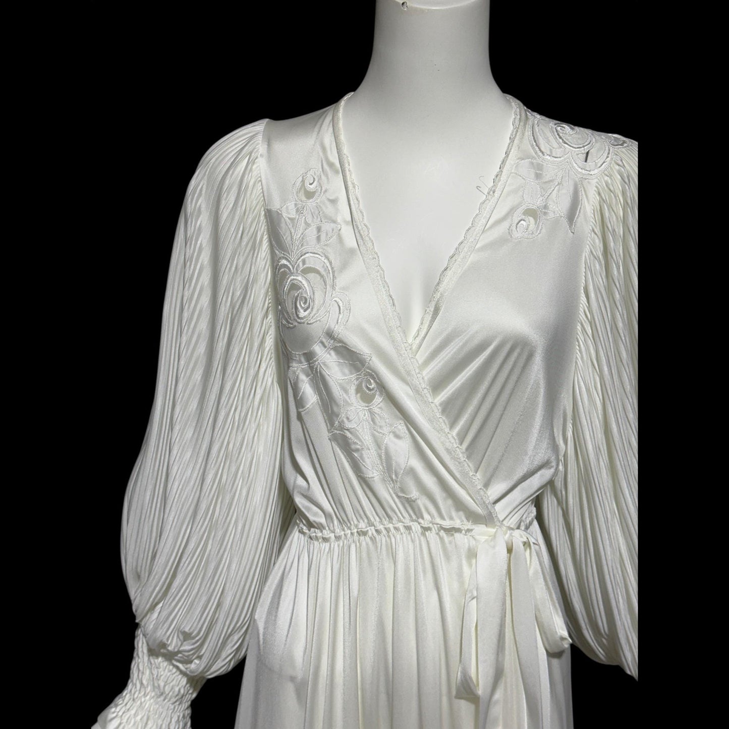 1980s vintage dressing gown robe, Slinky white jersey polyamide wrap front housecoat