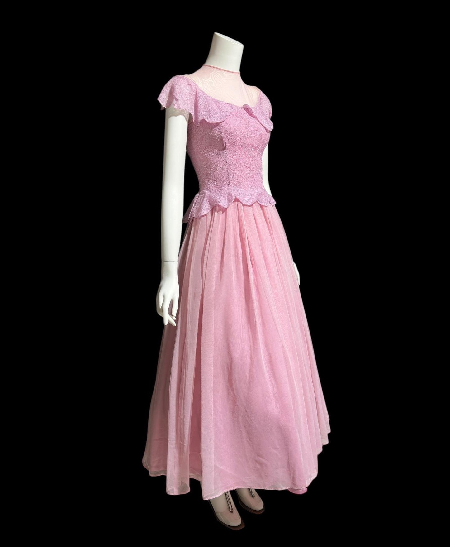 1940s vintage evening gown dress, Orchid purple mesh cupcake prom dress, illusion top with ruffle, peplum circle skirt