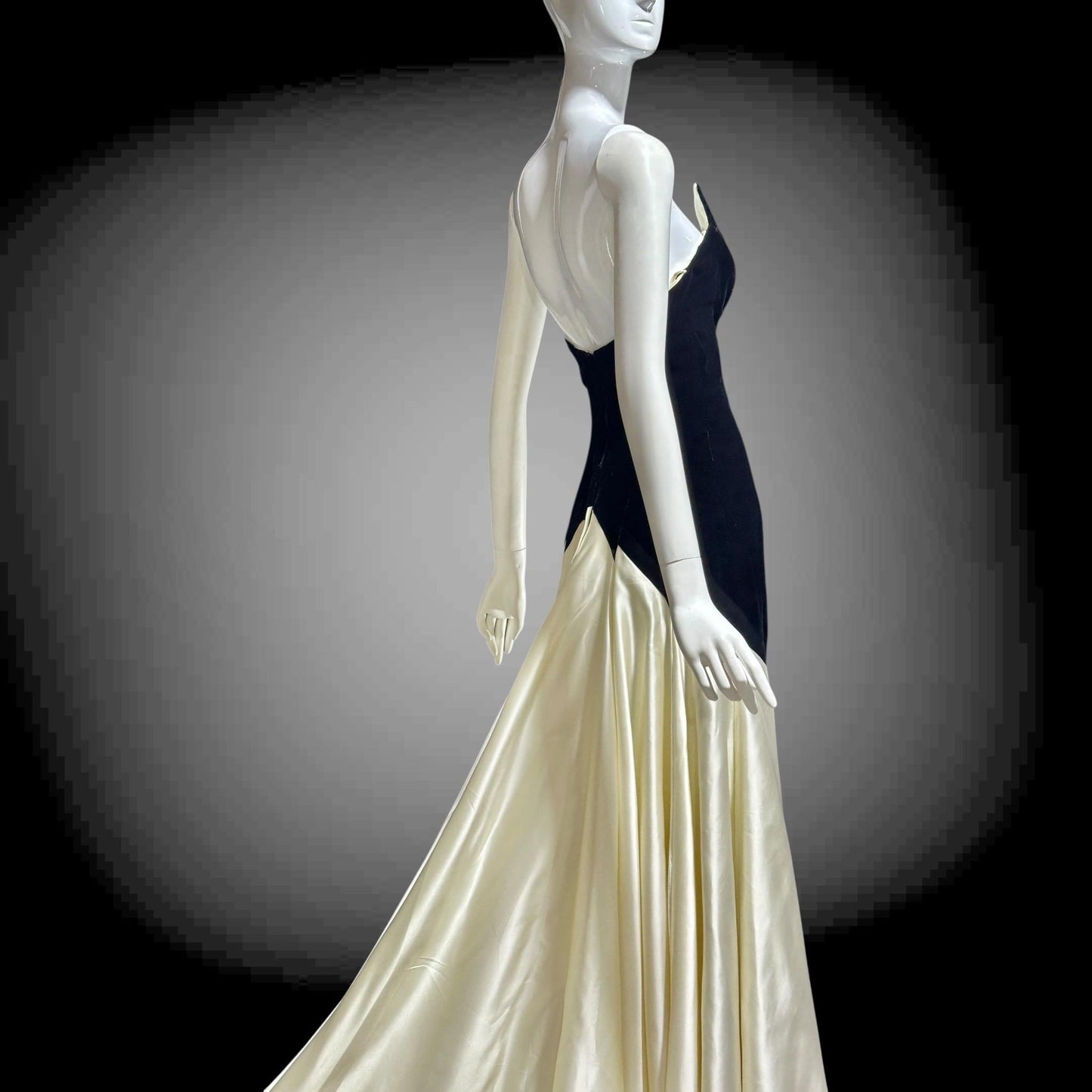 VICTOR COSTA vintage 1970s evening dress gown, Neiman Marcus, black velvet & white satin strapless mermaid gown