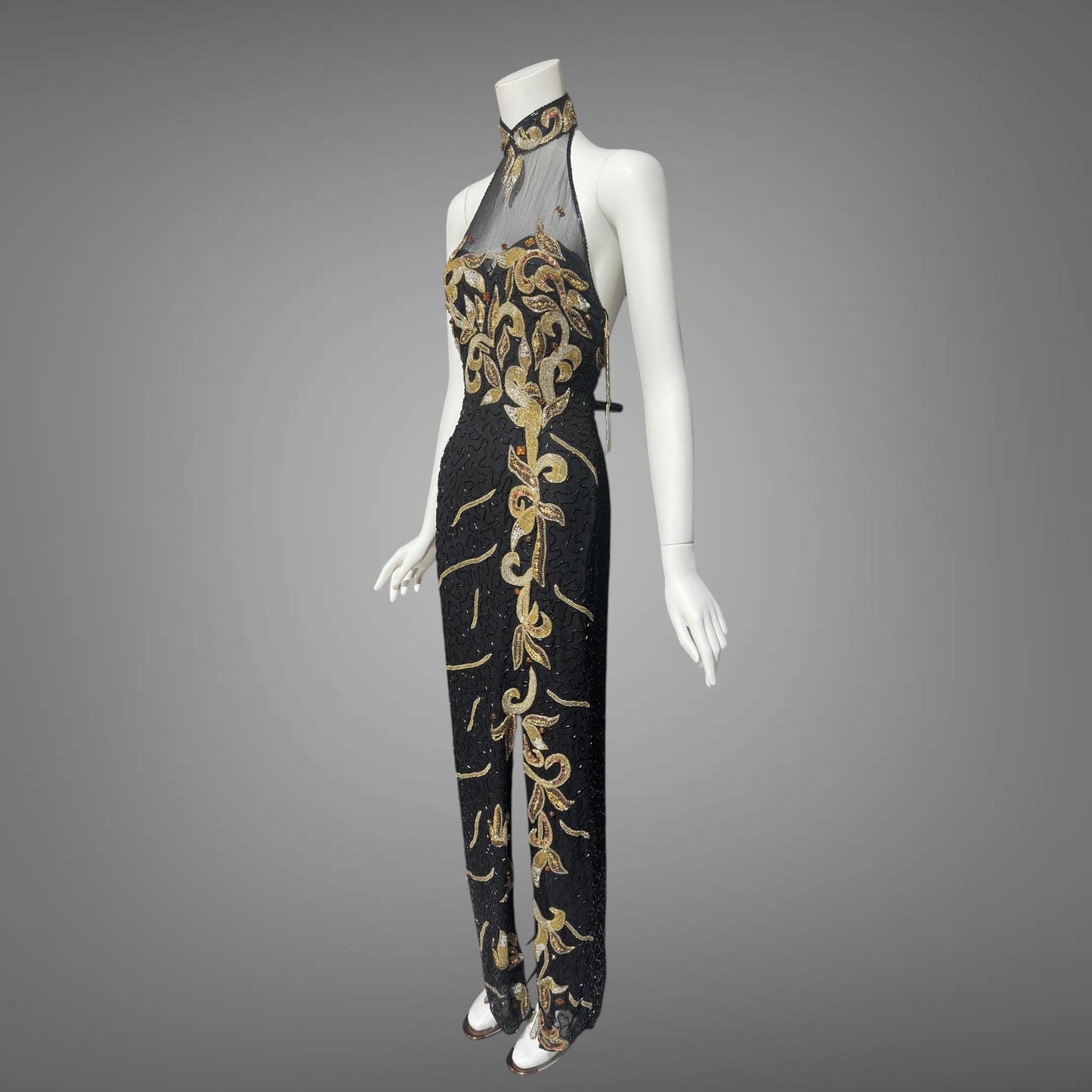 J REYNOLDS DESIGNS, vintage 1990s evening gown, Deadstock Black Beaded Halter Prom slip dress