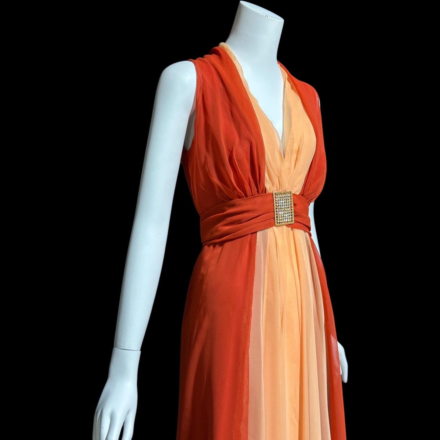 EMMA DOMB, vintage 1970s evening dress, rust and peach chiffon gown