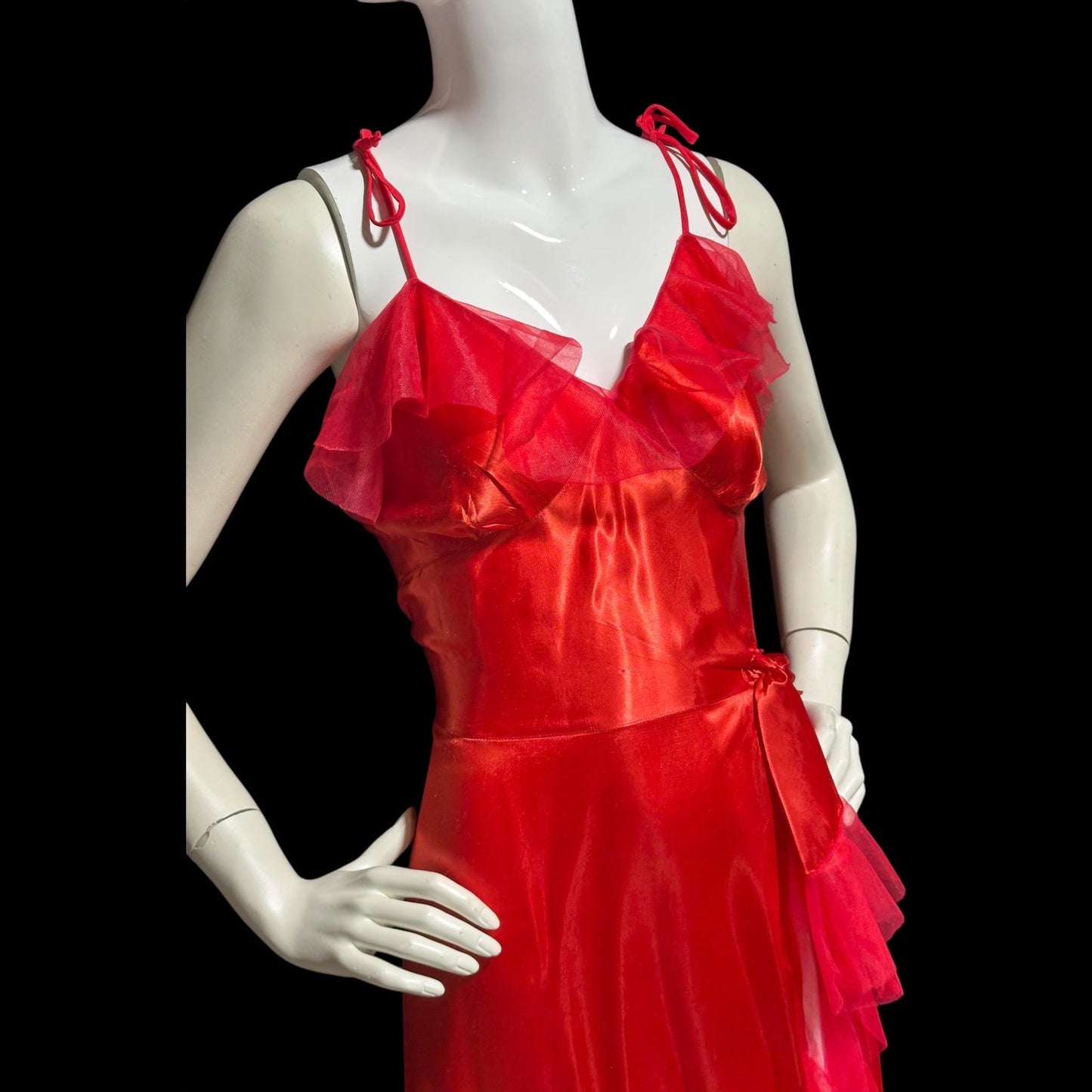 1940s vintage nightgown slip dress, Shiny lipstick red satin with a sheer mesh tulle ruffled trim