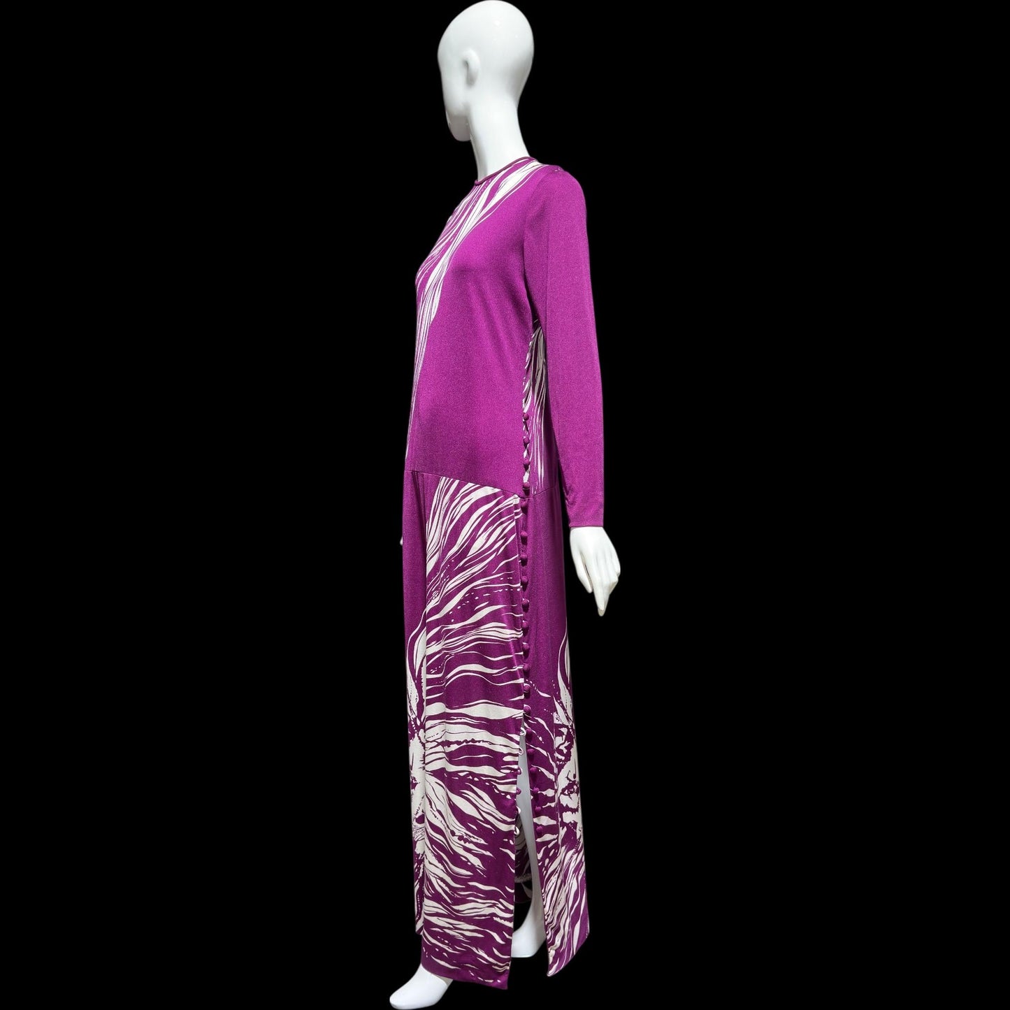 PAGANNE GENE BERK, vintage 1970s Maxi Dress, Purple white Lion face jersey knit evening dress, Stretchy, medium large