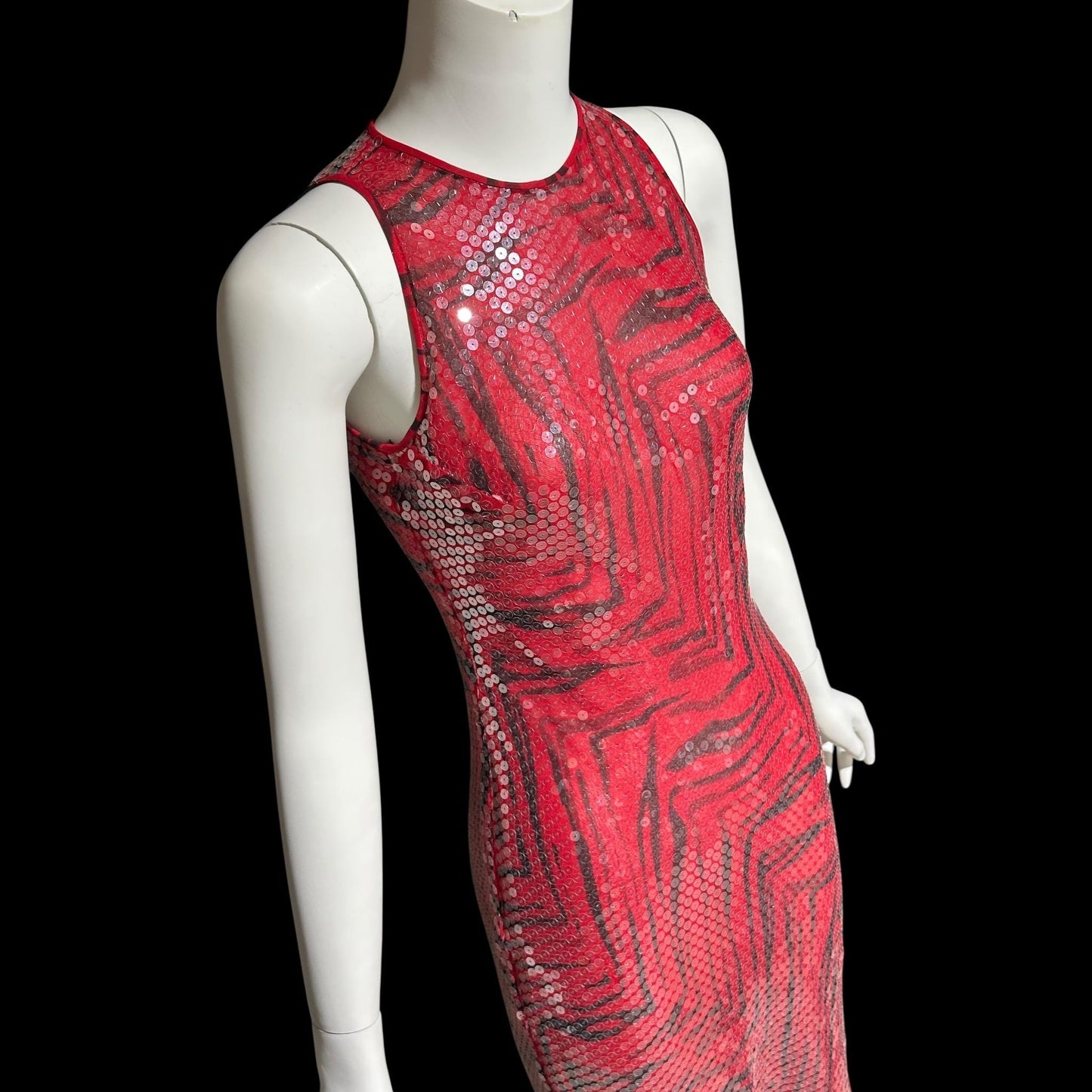 CHETTA B, vintage 1990s evening dress, Bias cut Bodycon red black tiger stripe print sheath slip maxi silk sequin gown