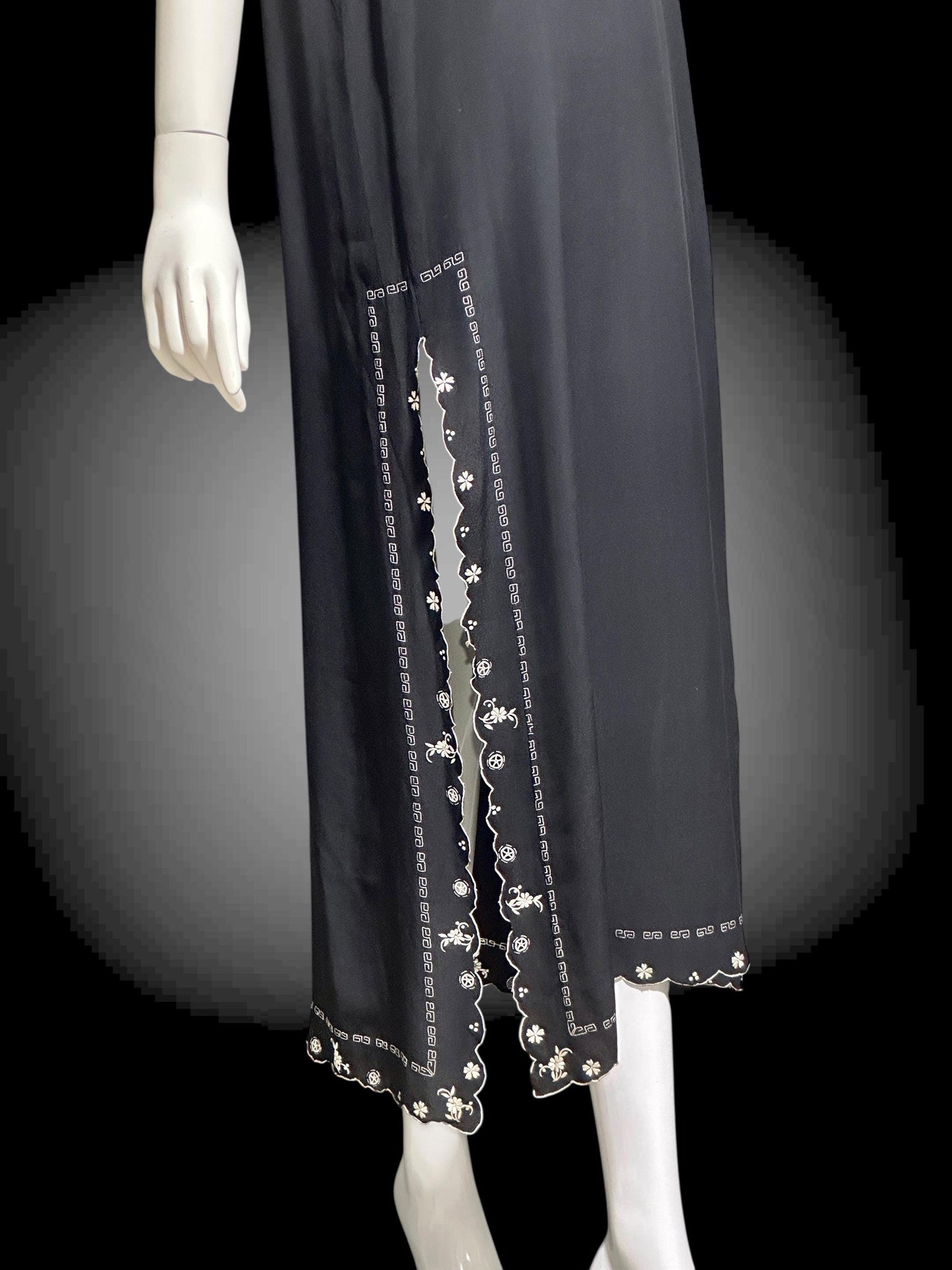 PEONY, vintage 1950s Silk Nightgown slip dress, black and white shift cut hand embroidered long gown