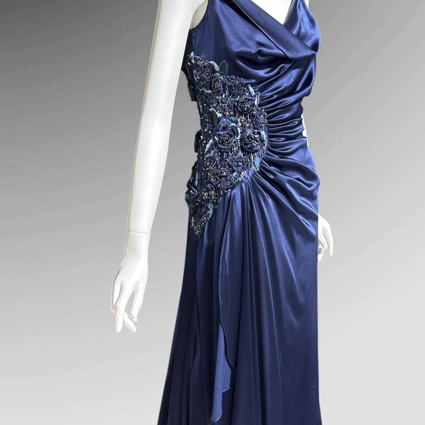 BELLVILLE SASSOON Lorcan Mullany, vintge 1990s evening dress, midnight blue silk beaded sheath slip gown