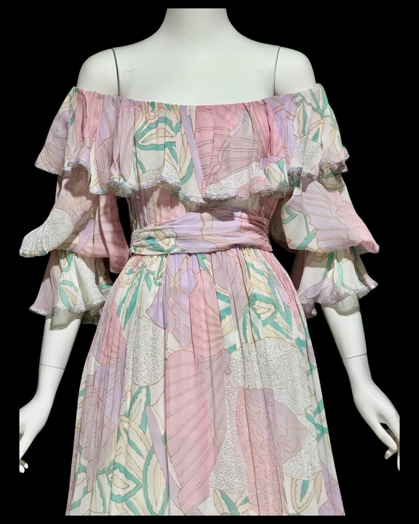 FRANK USHER LONDON, vintage 1970s evening dress, Pastel floral chiffon, Off shoulder gown