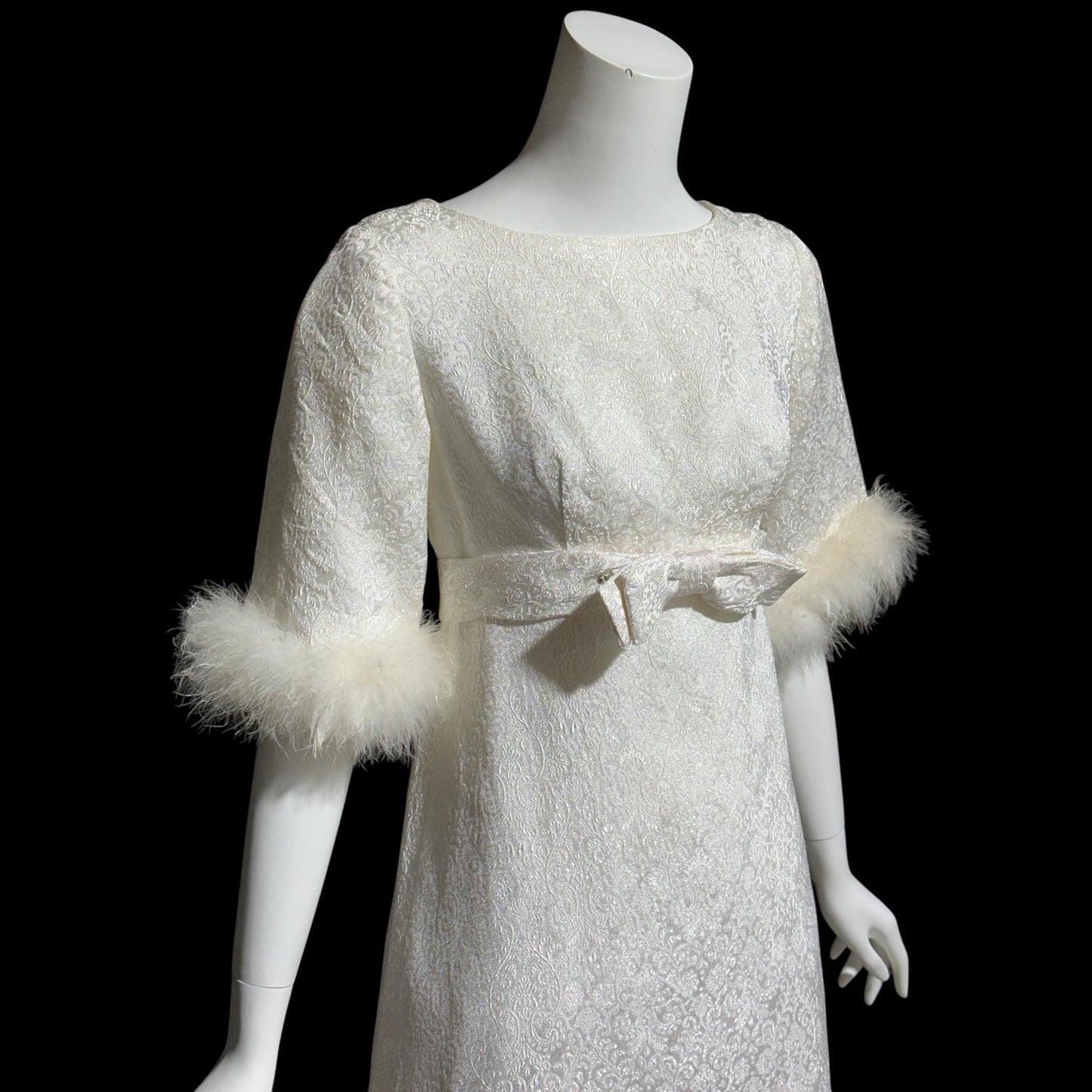 1960s vintage wedding dress gown, shimmering pearly white damask & marabou feathers bridal evening dress