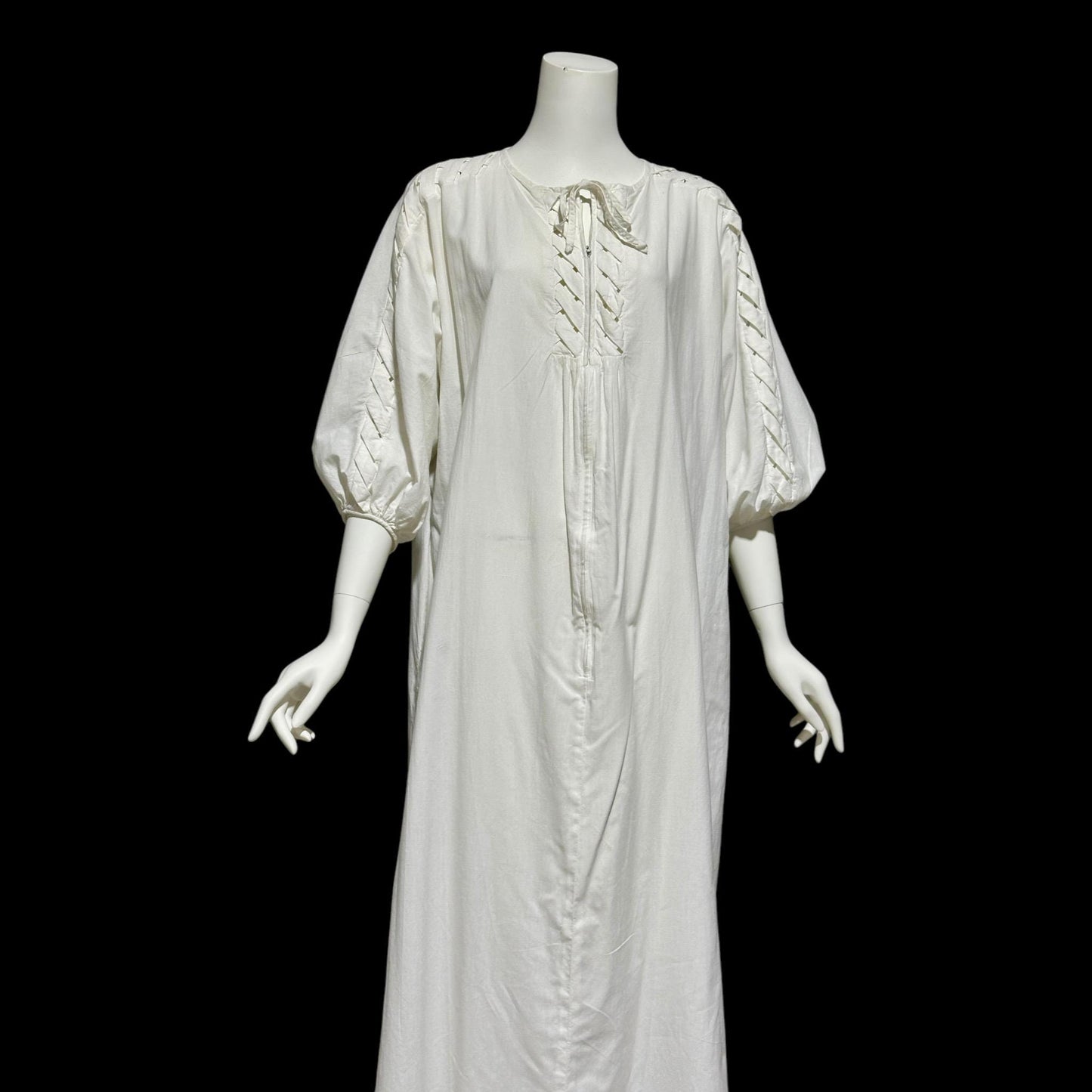 KEYLOUN, vintage 1970s caftan dress, white cotton zip front Hippie Boho Kaftan Dress